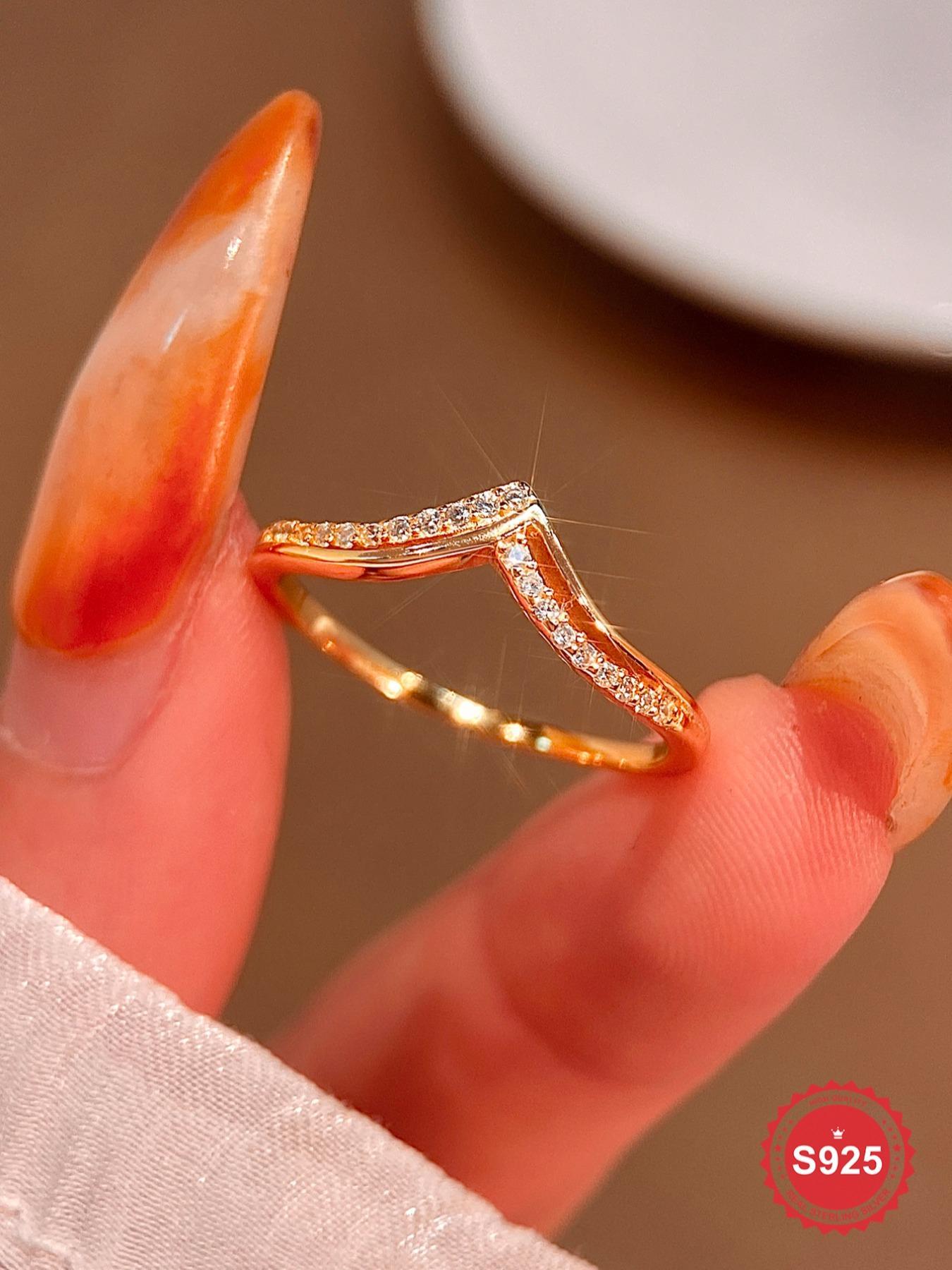 S925 Sterling Silver V-shaped Artificial Zircon Ring, Fashion Promise Ring, Fashion Accessories for Women & Girls, Trendy All-match & Exquisite Jewelry for Birthday Gift, Adjustable Rings