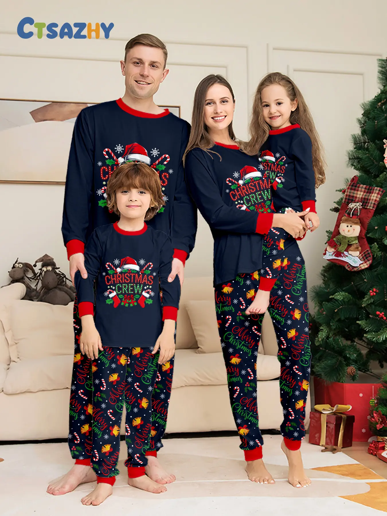 European Style Christmas Print Family Four Matching Long Pajama Two-Piece Set, Hot Sale Festive Outfit