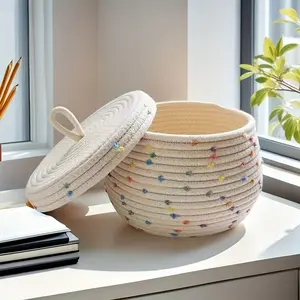 Hand-woven Lidded Storage Basket |   A Great Item for Holiday Gift Wrapping and Decoration, a Bohemian-style Home Organization Essential. Features Thickened Material and a Lidded Design, Suitable as a Snack Basket for the Living Room Coffee Table