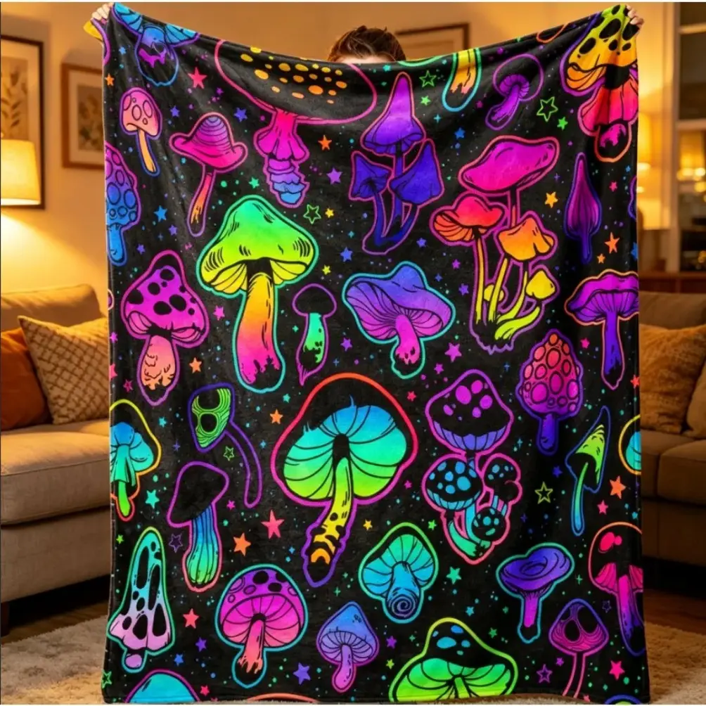 Colorful Mushroom Pattern Flannel Blanket, Soft Cozy Throw for Adult Blanket Kids Blanket, Warm Nap Blanket for Home Office Sofa Bed Couch, Lightweight All Season Home Decor, Halloween Thanksgiving Christmas Birthday Gift