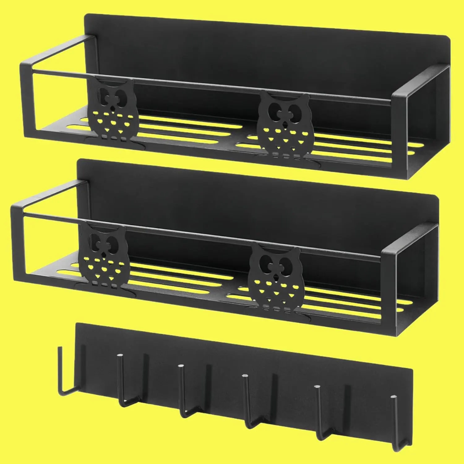 Black Owl Magnetic Refrigerator Shelves Set - 3-Pack Metal Kitchen Organizer with Hooks, Moveable, No Drilling (for Seasonings)