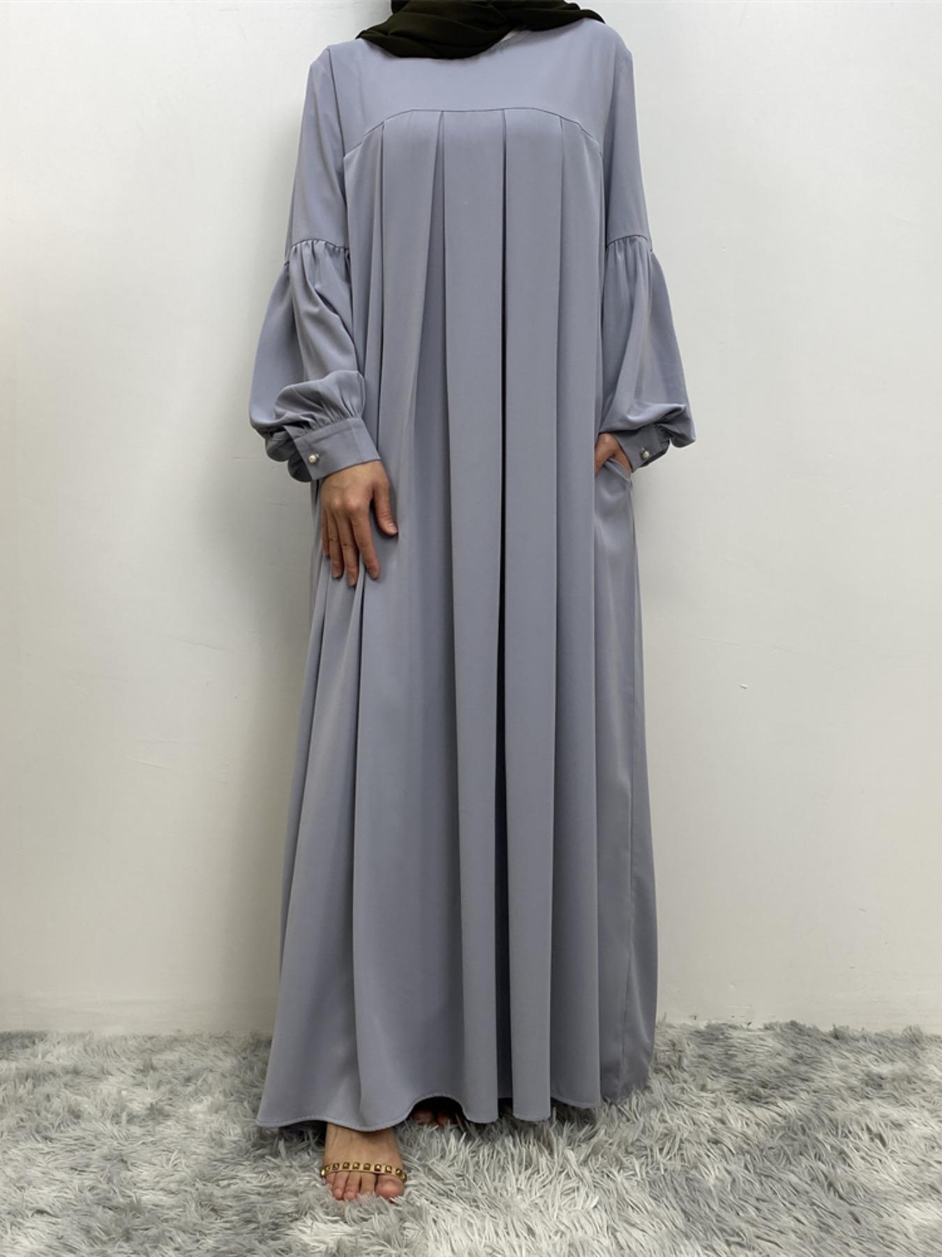 Women's Solid Lantern Sleeve Arabian Dress Without Hijab, Casual Long Sleeve Pleated Dress, Ladies Spring & Fall Clothes For Daily Wear, Summer Outfits 2024, Muslim Women Gowns
