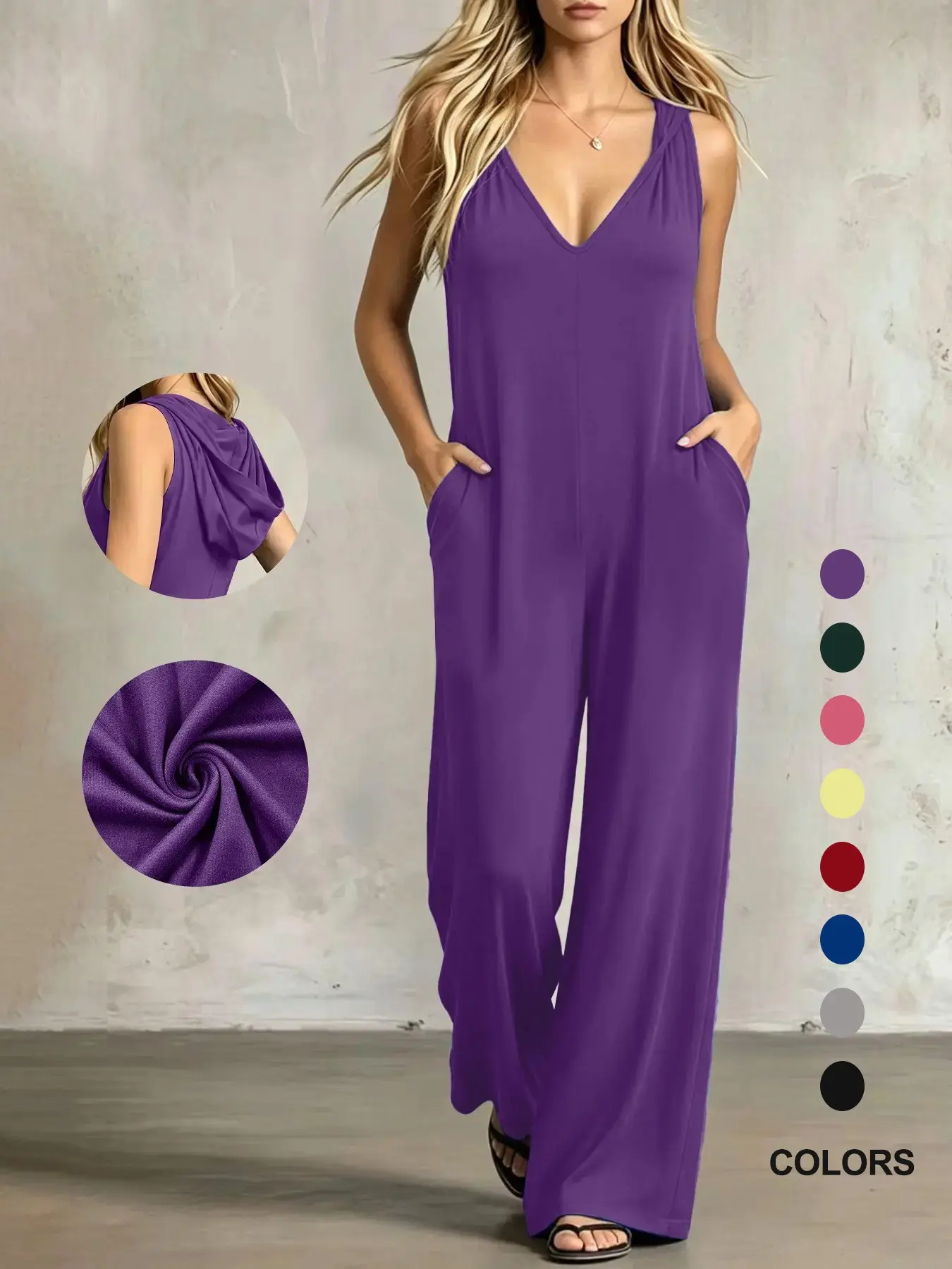 Womens Plus Size Jumpsuit Oversized Sleeveless V Neck Loose Fit One Piece Outfit with Pockets Casual Lounge Wear
