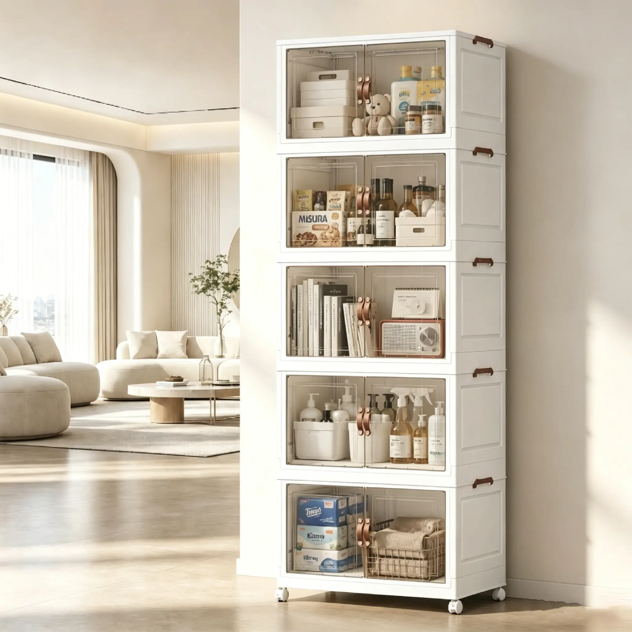 5-Tier  Rectangle Collapsible Storage Organizer Cabinet,  Single Unit with Lid, Wheels,    70cm Wide,Stackable Space-Saver Box for Kitchen Household Products