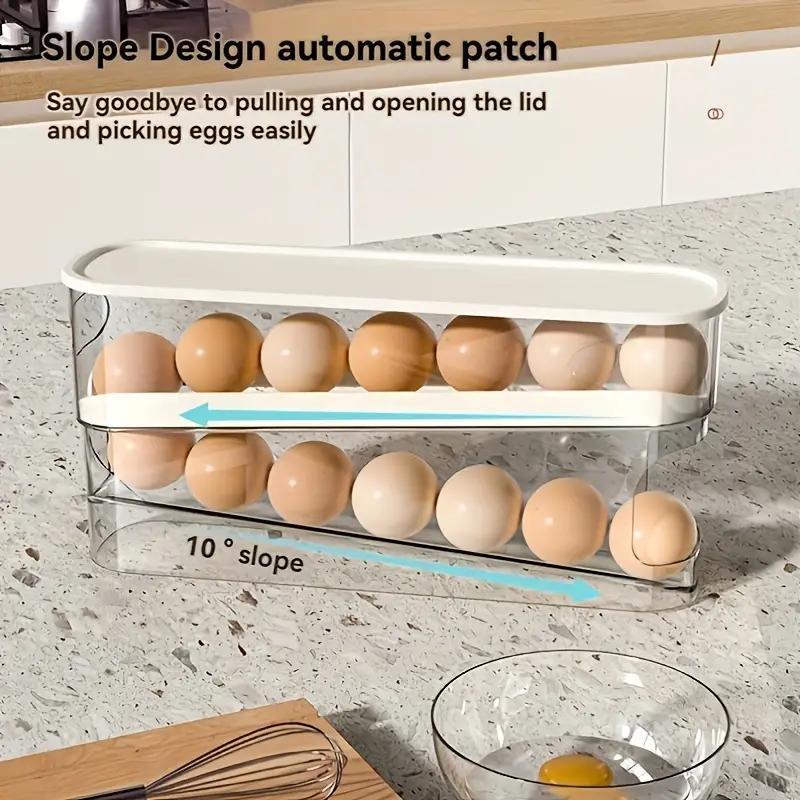Double Layer Egg Storage Box, 1 Count Space Saving Rolling Egg Storage Box, Washable Plastic Egg Holder for Refrigerator, Household Home Organization, Stackable Fridge Organizer