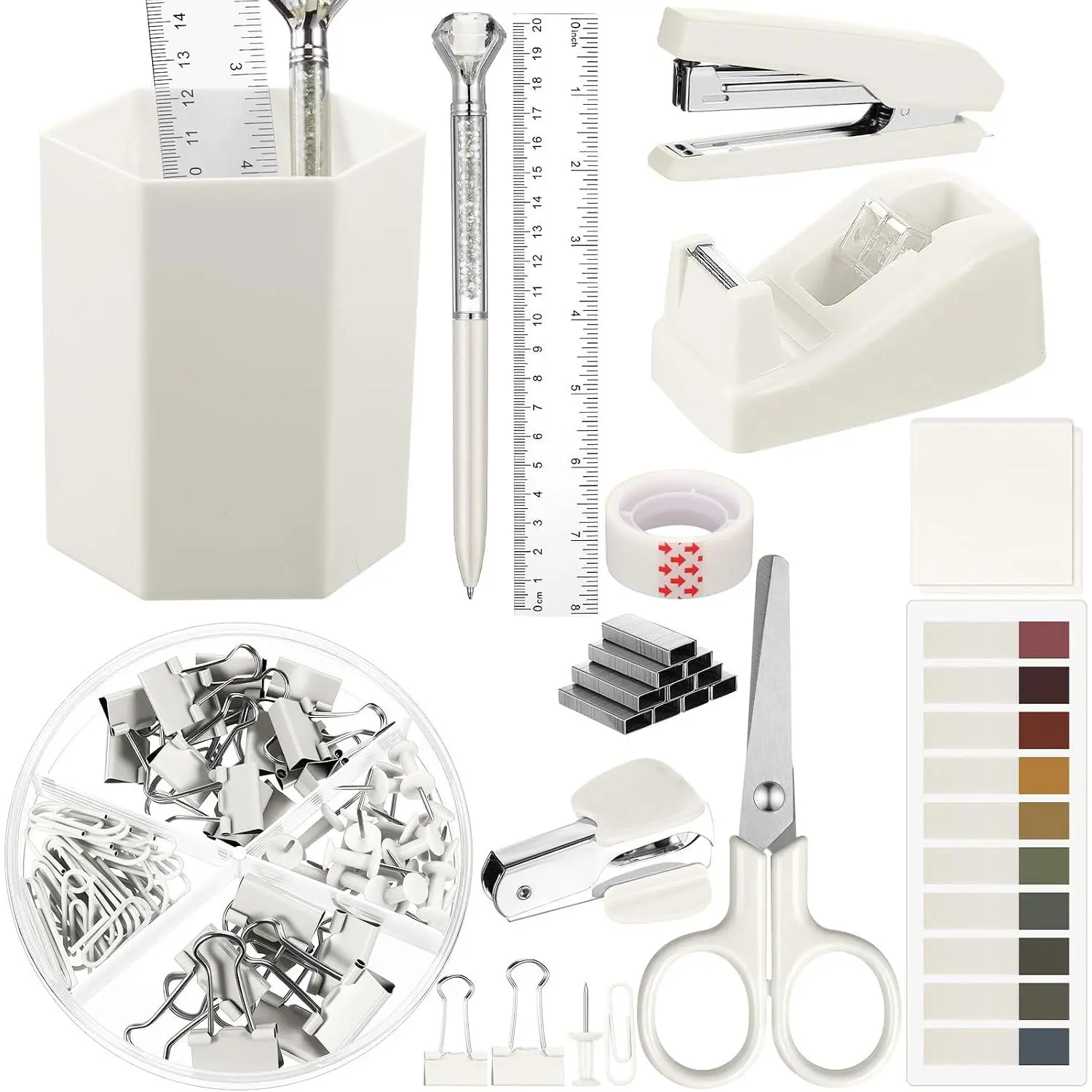 12 count Beige Office Supplies Desk Accessories Set Pen Holder Tape Dispenser Stapler Staple Remover  Tape Ruler Scissor Pen Sticky Note Index Tab Clips Set for School Office