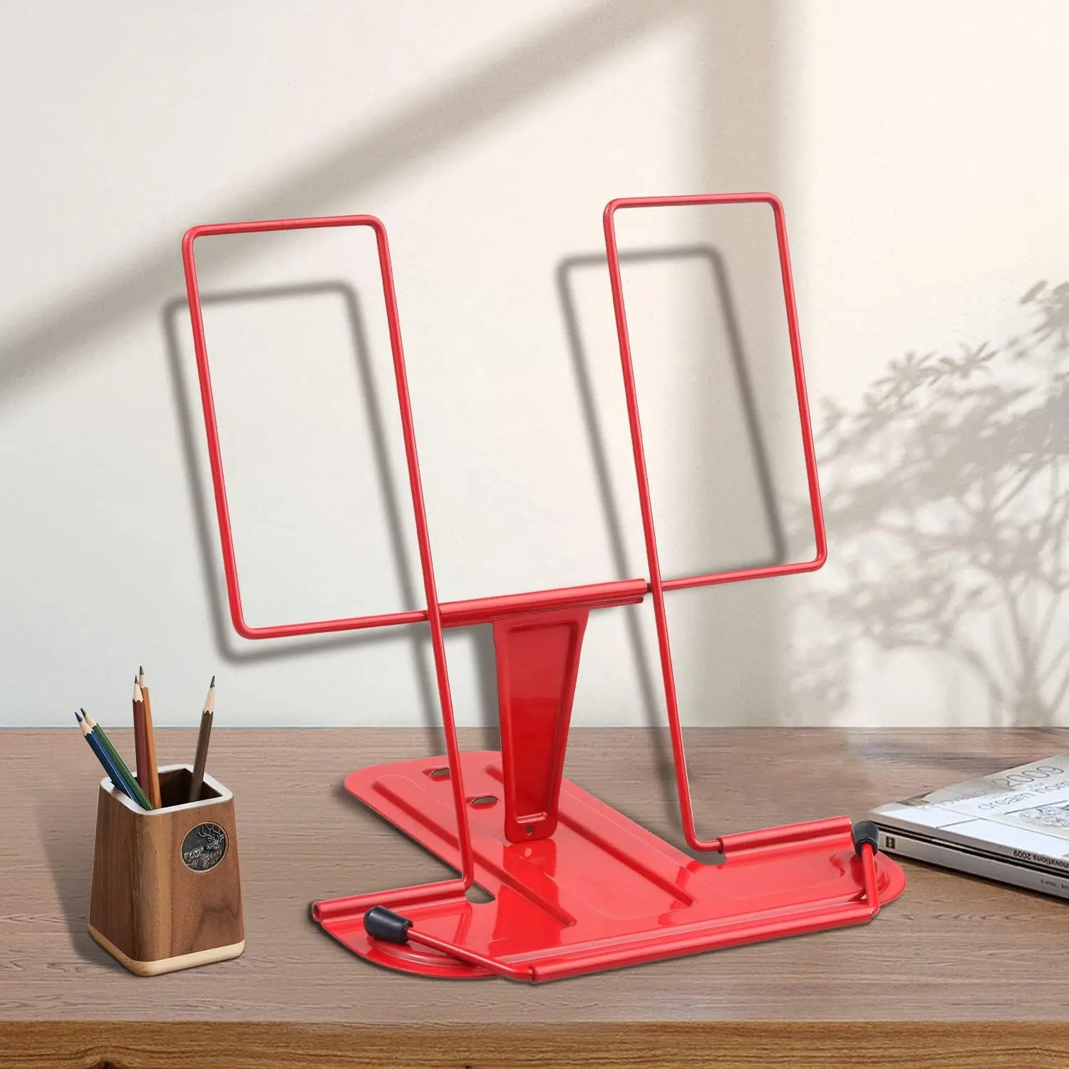 Book Stand for Reading, Adjustable Reading Rest Book Holder, Documents Stand, Sturdy Typing Stand for Recipes Textbooks Tablet  Books (Red)