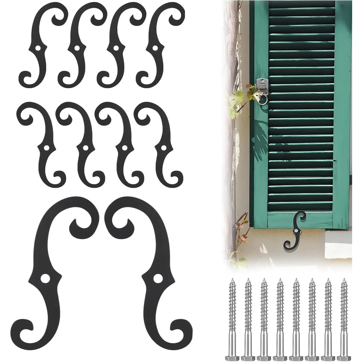 Rainmae 8 Pack 6.3 Inch Black S Style Shutter Dogs Hardware, Decorative Exterior Shutter Tieback Holders with Screws for External Shutters