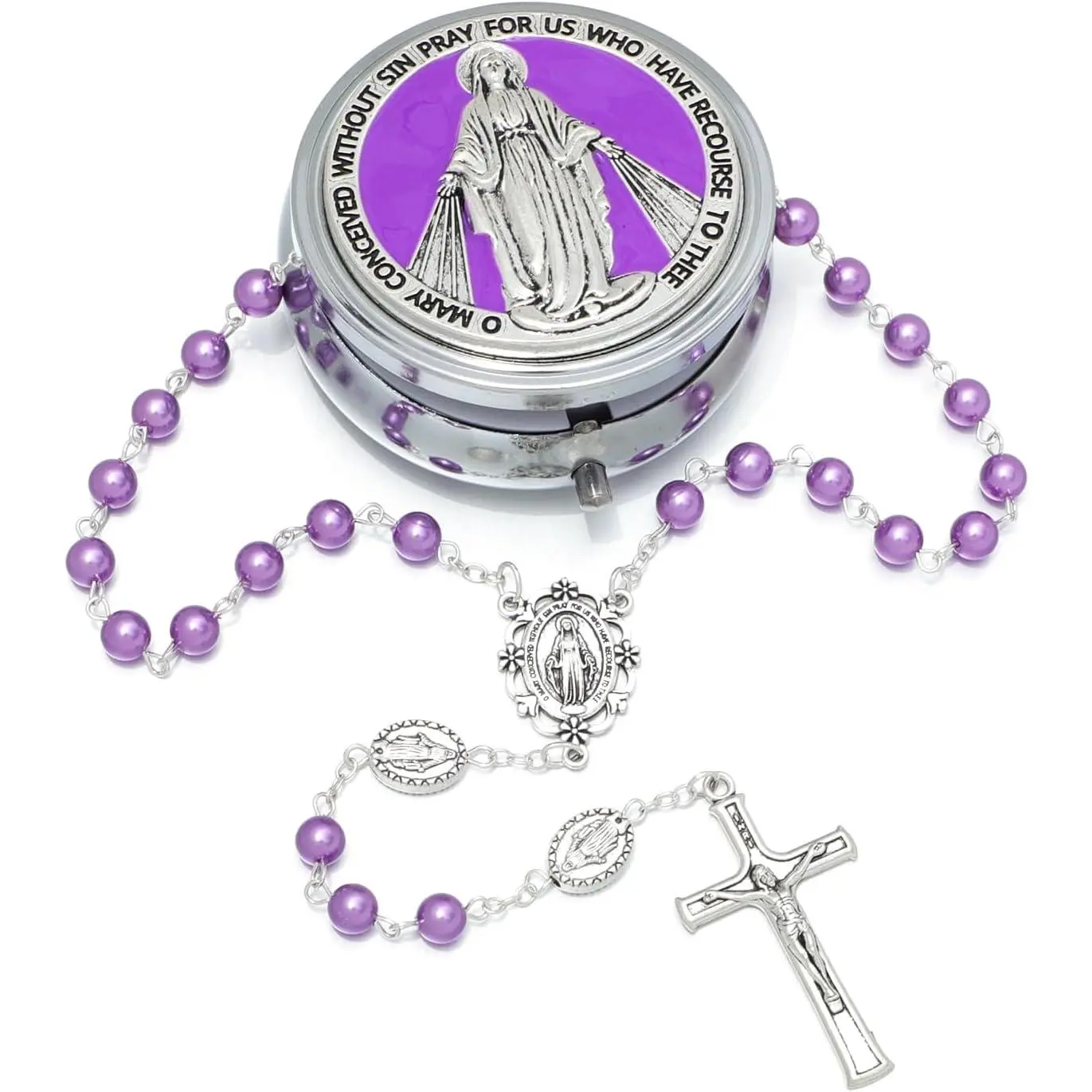 Modern 6mm Glass Rosary Beads for Women, 27 in Catholic Prayer Necklace with Mary Medal Set & Crucifix, Religious Female Gift in Metal Box, Glass Beads, Weighted, Sacramental Use