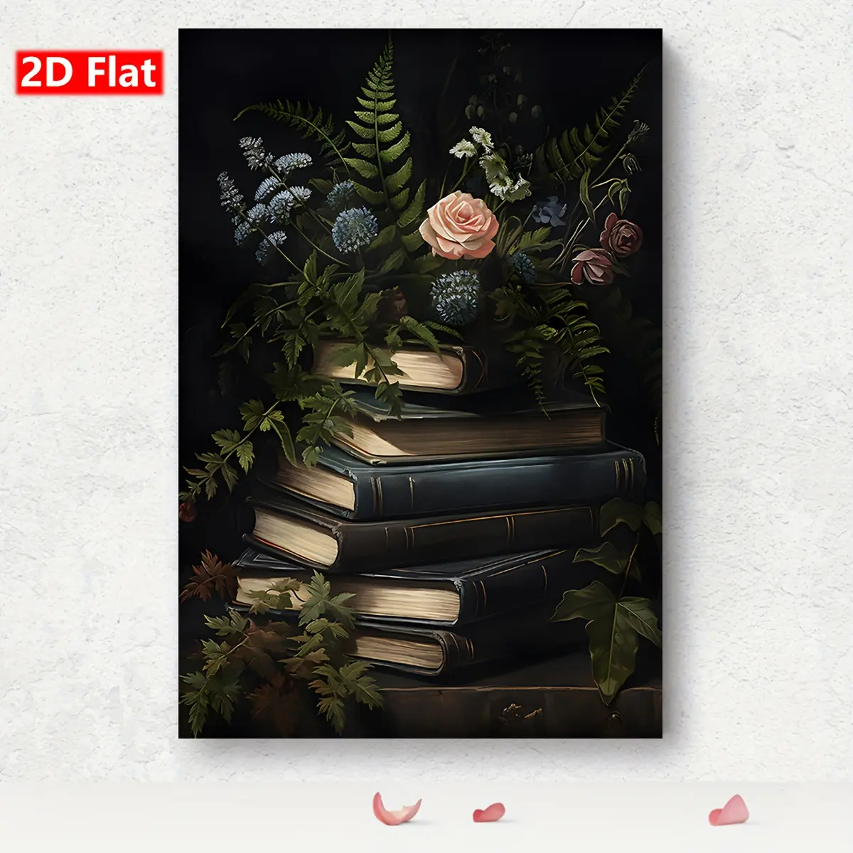 2D flat painting, a 2D flat painting depicting a stack of books decorated with flowers and ferns, embodying the dark cabin aesthetic. This gothic art-style painting is suitable for various spaces, such as bathrooms, bedrooms, offices, and living rooms