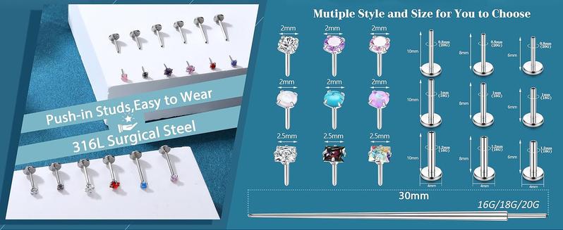 LOLIAS 18PCS Threadless Nose Rings Studs for Women Men 20G 18G 16G Hypoallergenic Surgical Stainless Steel Labret Lip Rings CZ Opal Push in Earrings Flat Back Nose Stud Cartilage Nostril Conch Helix Tragus Piercing Jewelry