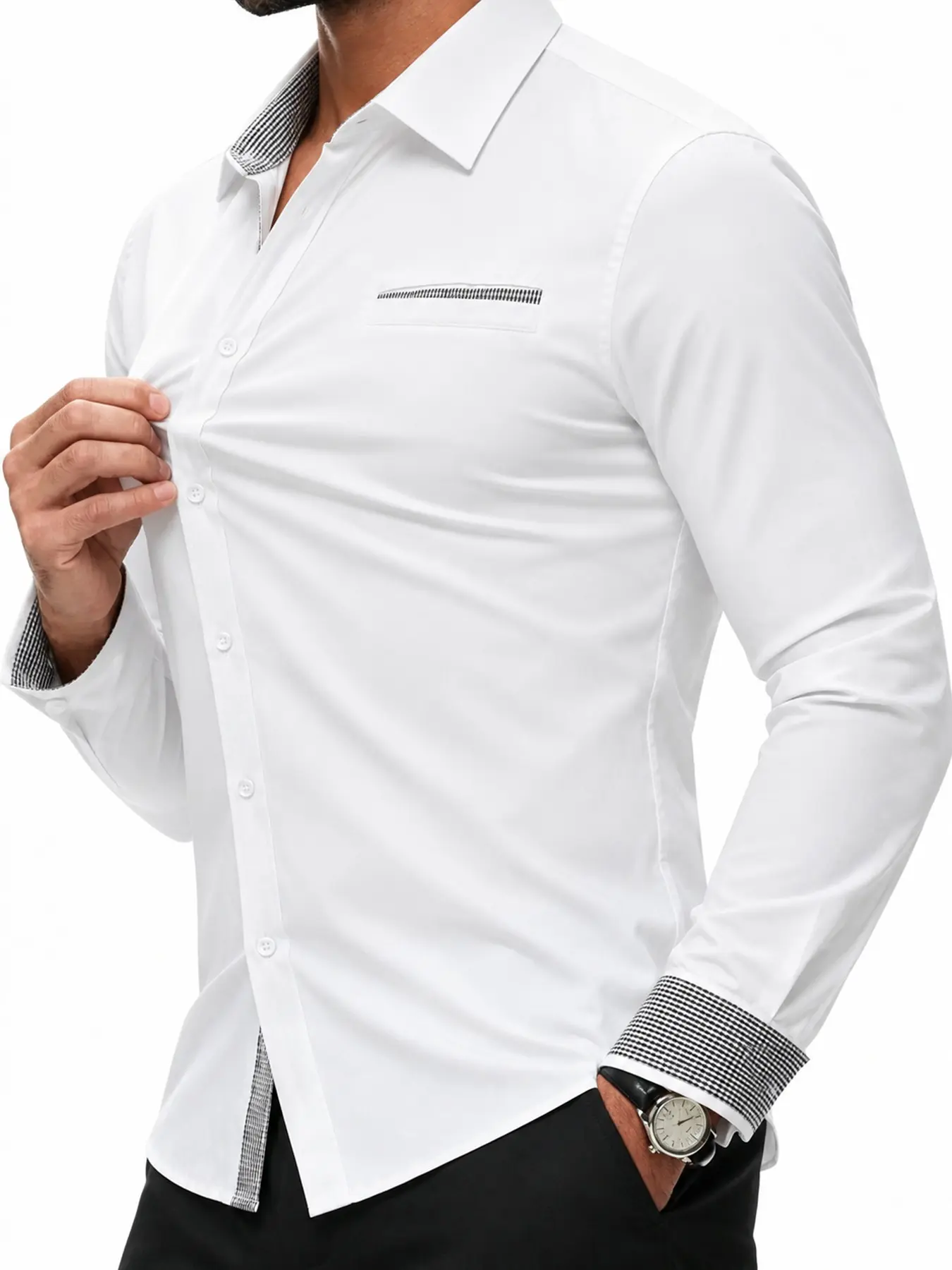 Men's Wrinkle-Resistant Stretch Long Sleeve Shirt, Slim Fit, Plaid Collar and Sleeves, Casual Business Wear, Easy Care