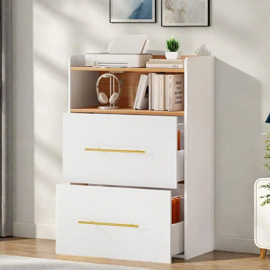 2 Drawer File Cabinet With Outlet USB Port Printer Stand Nightstand, Light Duty Filing Cabinet Letter-Size Files Home Office, Work, White Laminate