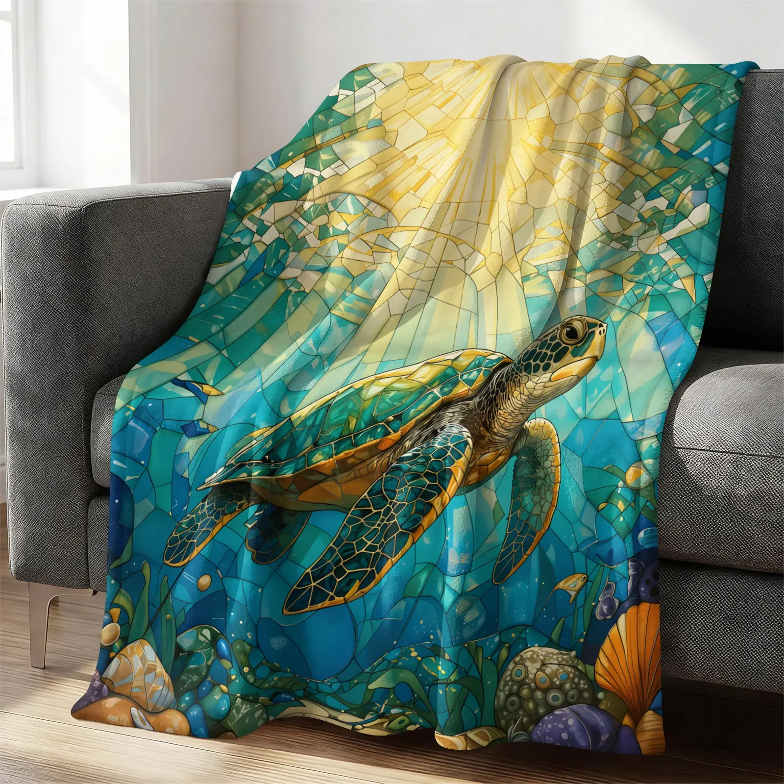 Portable Skin-friendly Fleece Lap Blanket Stained Glass Ocean Turtle Art Pattern, Windproof Warm Small Throw Blanket for Car Camping Sofa Bed Travel Indoor Outdoor Daily Household Use