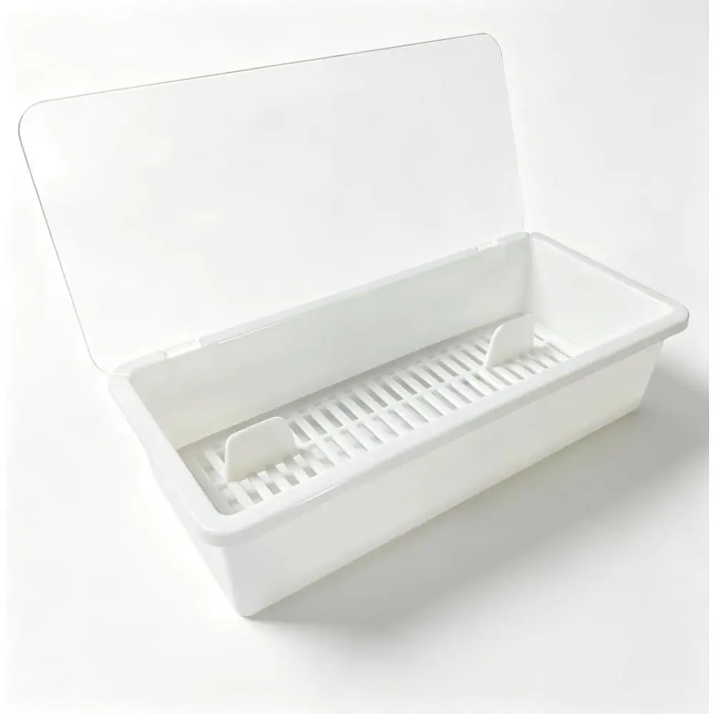 Flatware Tray with Clear Lid and Drainer,Kitchen Dinnerware Holder | Silverware Tray Utensil Storage Container Equipped with 2 Compartments for Flatware and Silverware (White)
