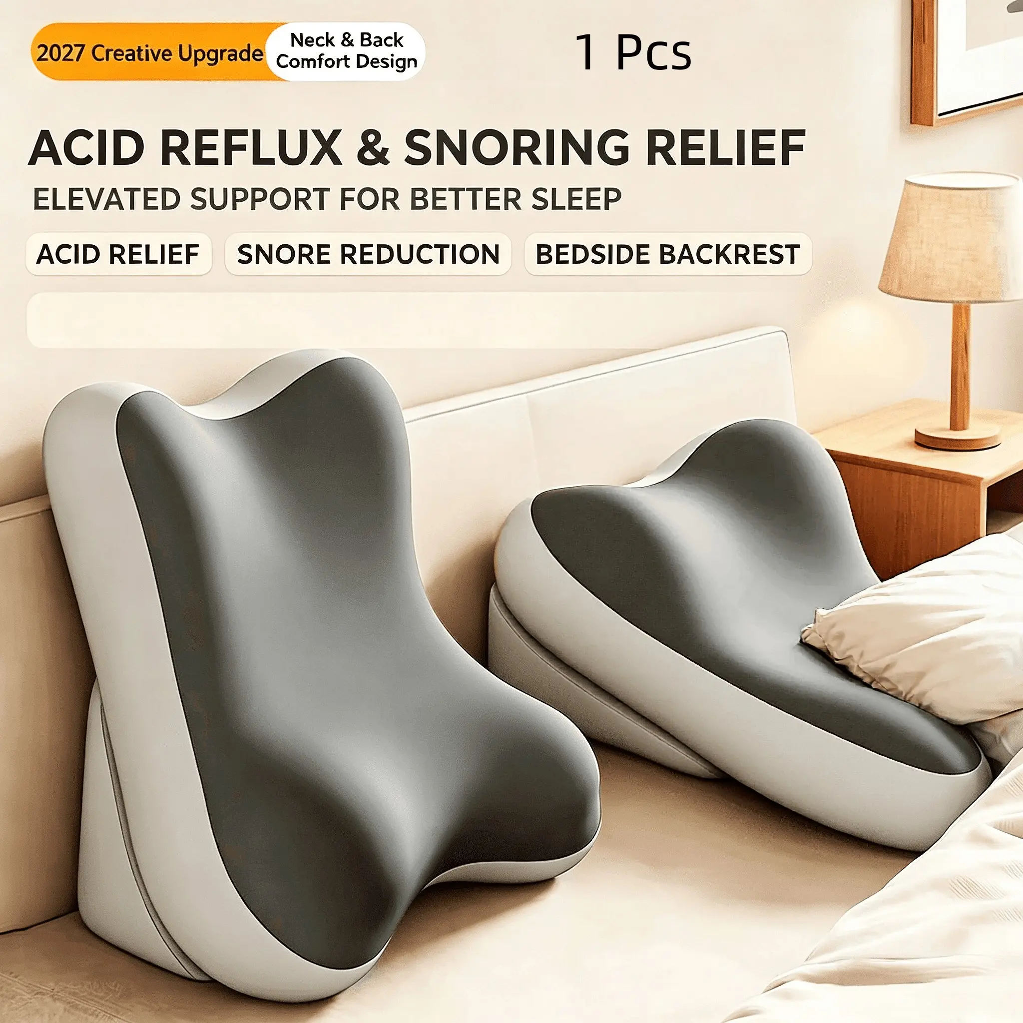 Ergonomic lumbar support pillow, adjustable wedge-shaped design, non-slip, anti-snoring, relieves acid reflux, suitable for sleep, reading, gaming, driving, and office use. #GlobalSelection