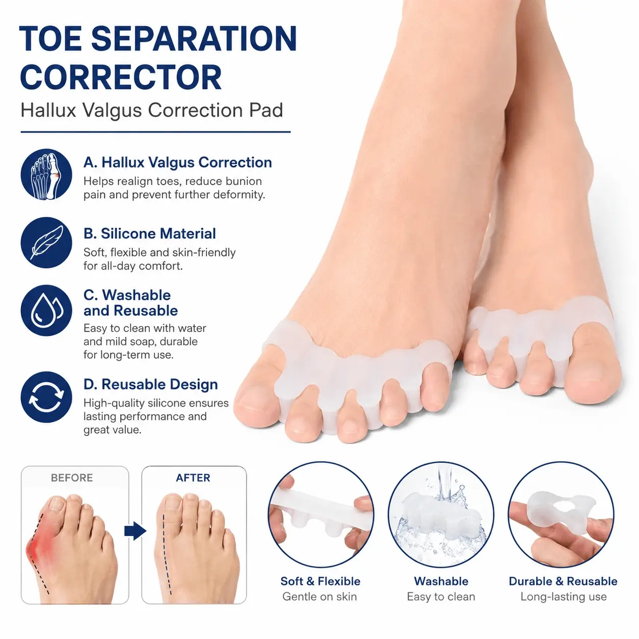Silicone Toe Separators & Bunion Corrector - High Elasticity Hammer Toe Straightener for Pain Relief, Tendon Stretching, Toe Spacing. Ideal for Bunions, Toe Alignment & Comfort.
