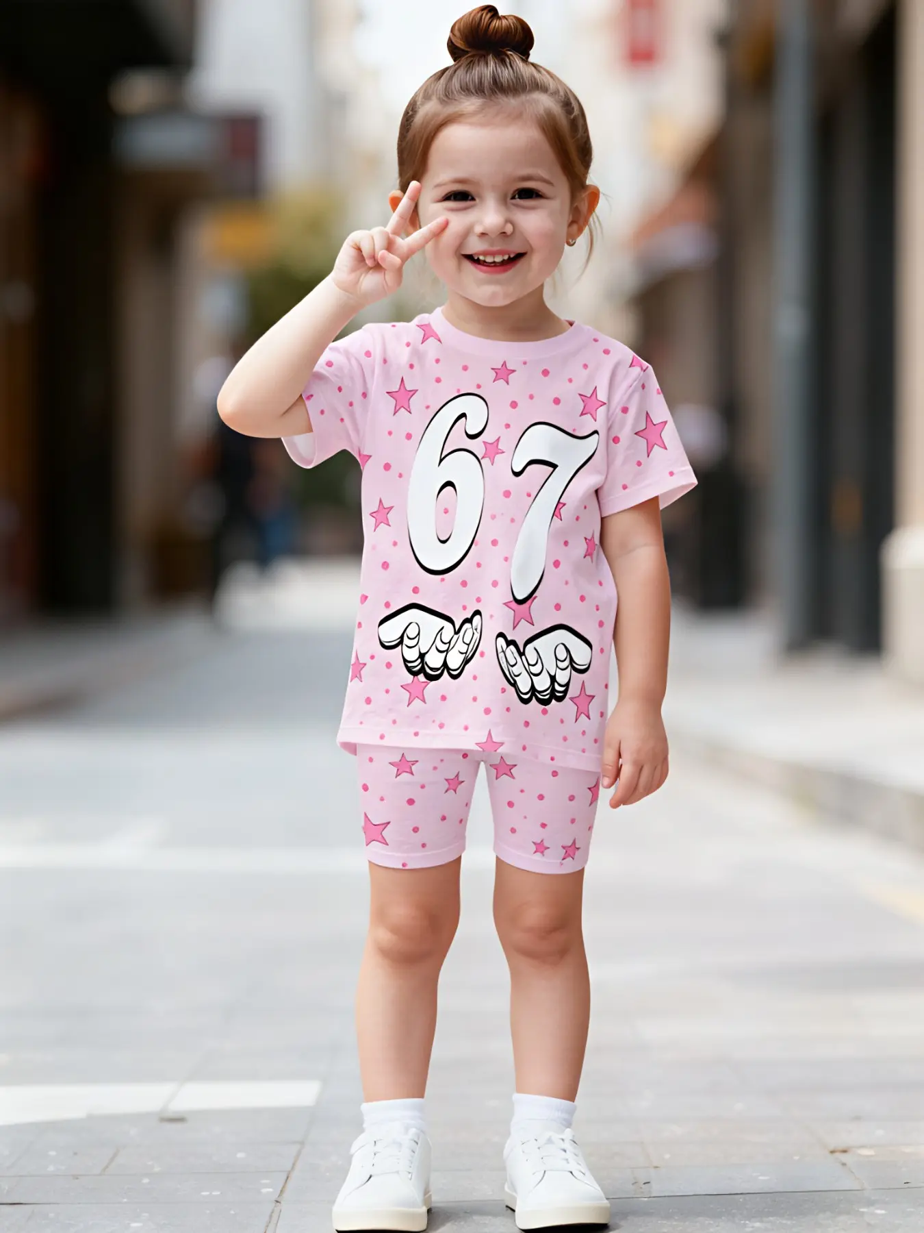 Vibrant and youthful style. 3-10 years old girls' pink star and number two-piece set. Skin-friendly stretch fabric. Pink background with star and number 67 print. Perfect for summer outings and outdoor activities
