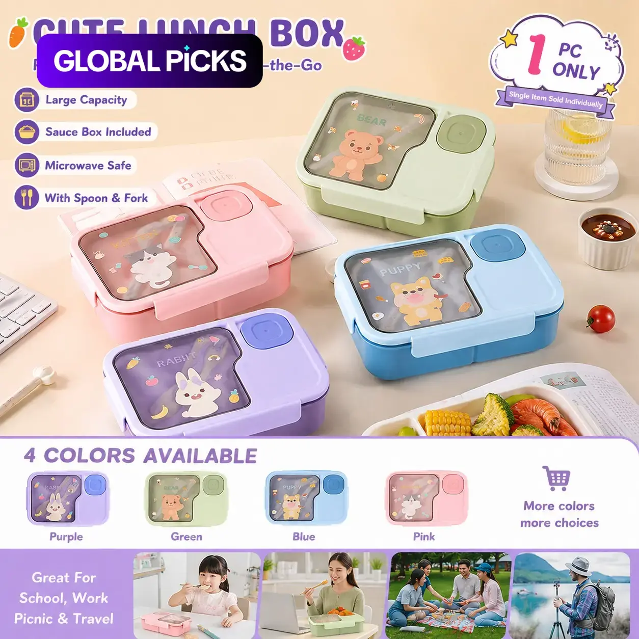 Cute Cartoon Animal Design Lunch Box with Dipping Box, Large Capacity Multi-grid Lunch Box, Multi Compartment Container, Food Storage Container for Students & Office Workers #GLOBAL PICKS