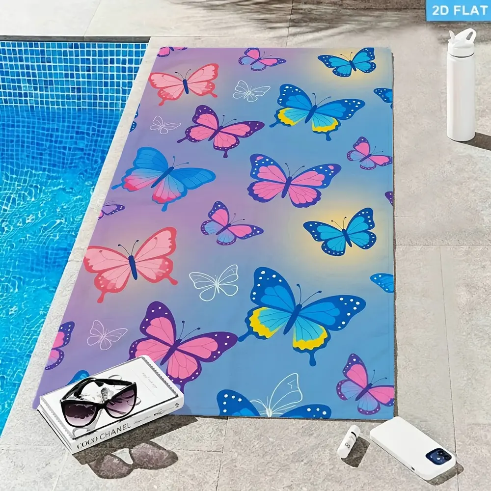 1pc beach towel, Colorful Pink Blue Butterflies Pattern, Whimsical and Vibrant Print, Great for Lovers of Nature and Bright, Cheerful Designs, Ideal Gift for Anyone Who Adores the Beauty of Butterflies, Perfect for Beach, Pool, or Home Use