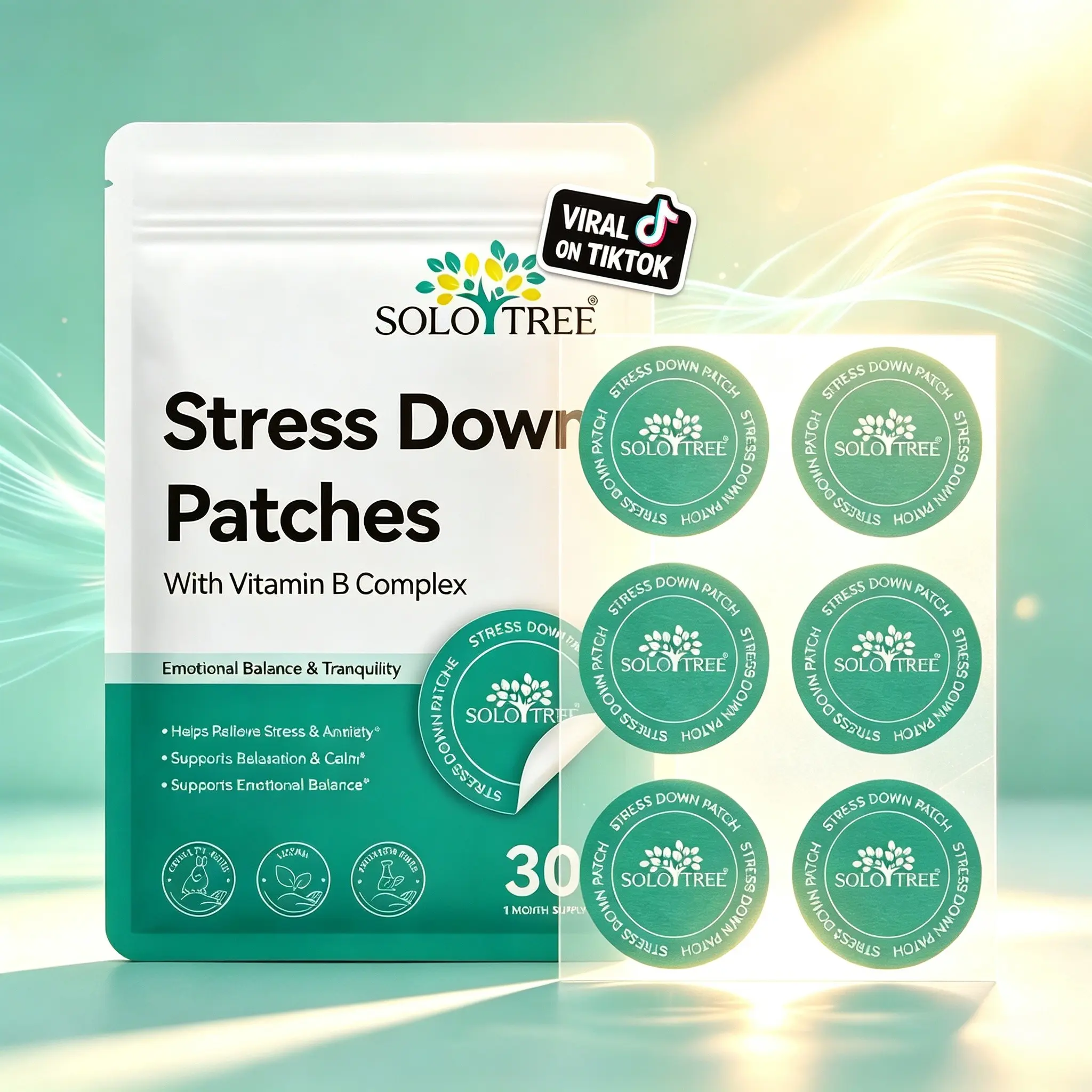 Solotree Stress Relief Patches 30pcs, Waterproof Sweat-Resistant, Easy Absorption, Portable, Lightweight, Relieves Fatigue and Pressure, Calms Mind