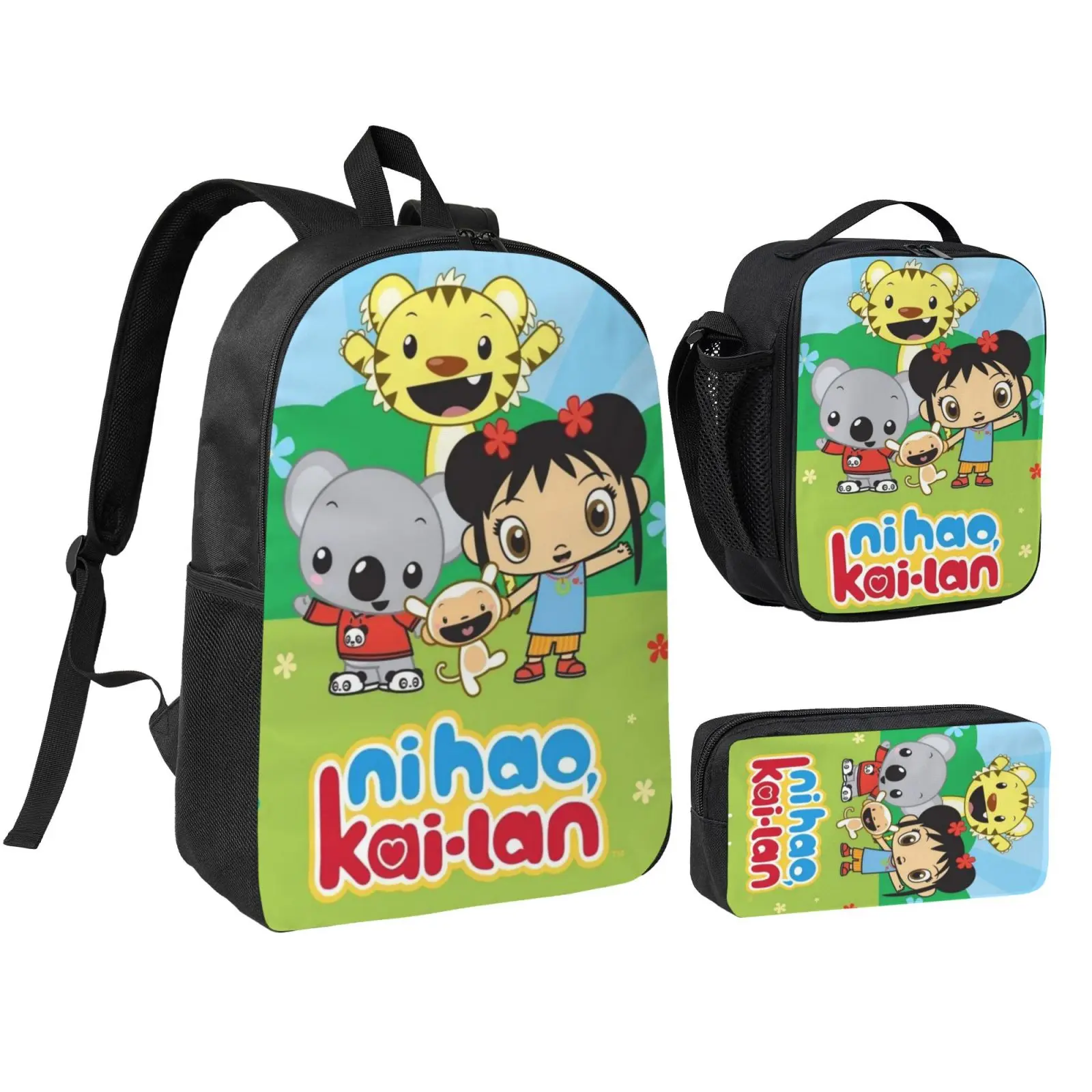 Anime Ni Hao Kai Lan 3Pcs School Backpack Set for Teens Boys Girls, Adjustable Strap Kids Bookbag with Insulated Lunch Bag & Pencil Case, Lightweight Travel Office Daypack