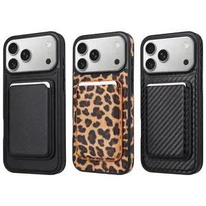 2-in-1 Brown Leopard Print Carbon Fiber Magnetic Phone Case Detachable Card Wallet Kickstand Cover Wireless Charging Compatible for iPhone Series