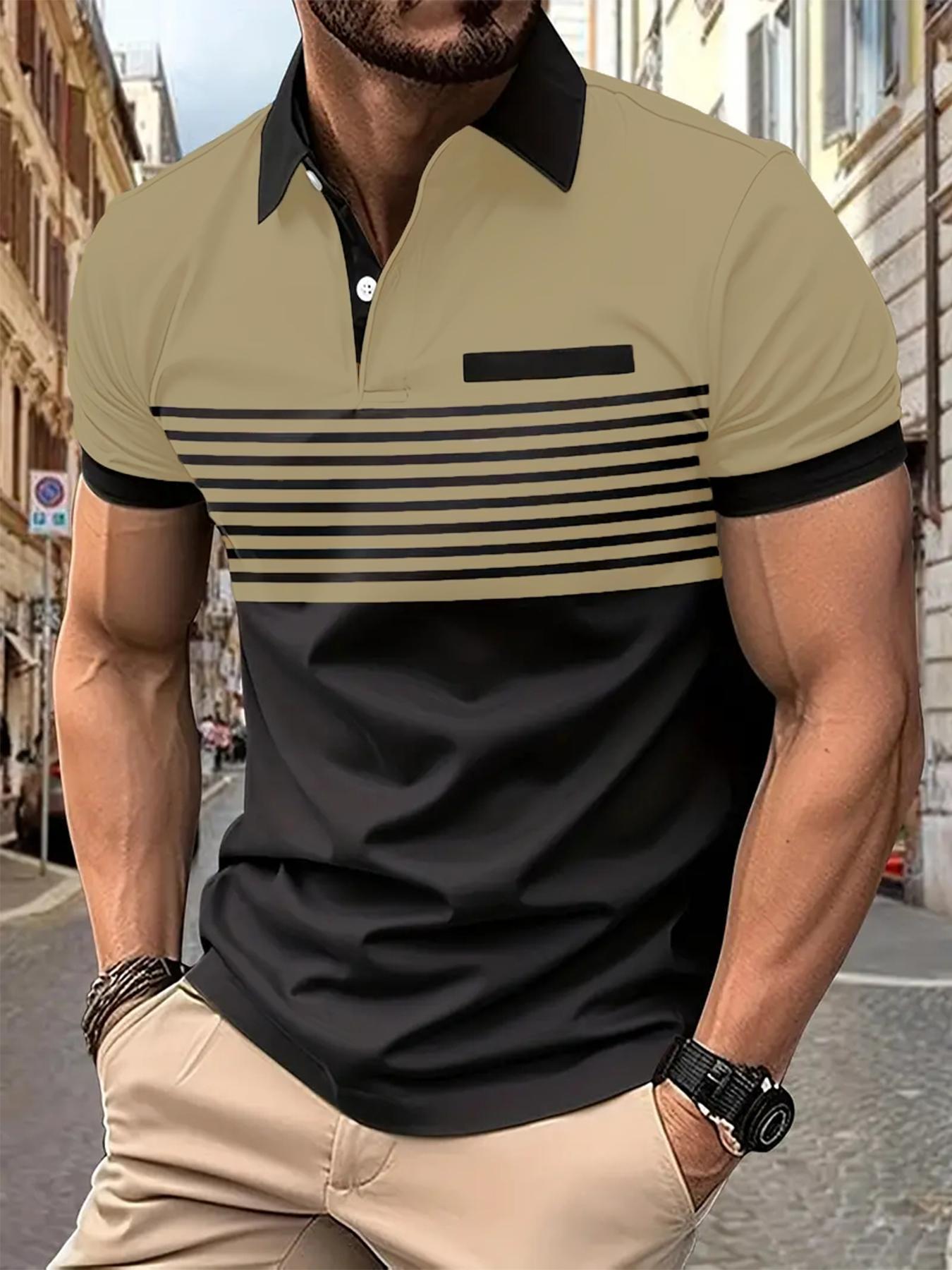 Men's Regular Fit Colorblock Striped Print Polo Shirt, Casual Short Sleeve Button Front Top for Summer, Fashion Men's Clothes for Daily Wear