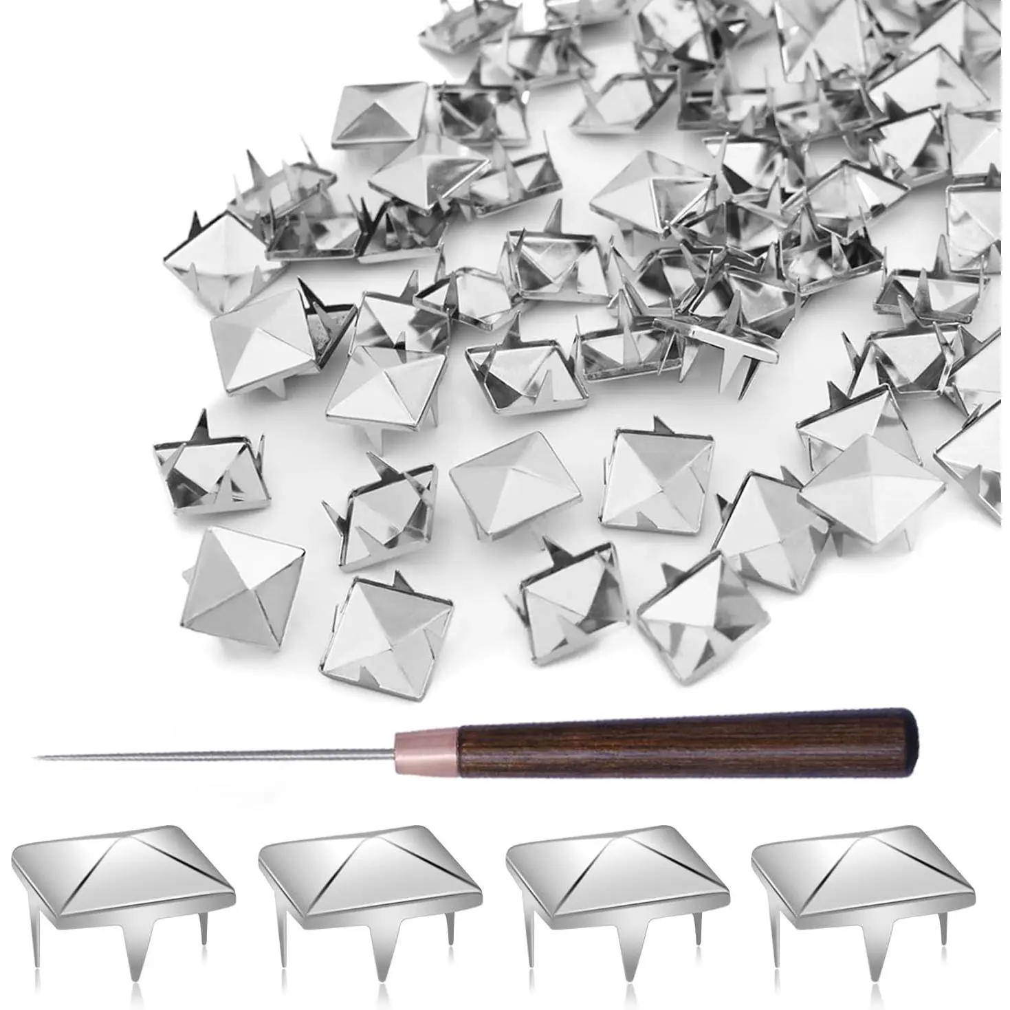 500Pcs 10mm Silver Square Pyramid Studs Metal Claw Nailhead Spike Rivets with Tool for DIY Punk Rock Clothing Leather Shoes Bag Craft Accessories