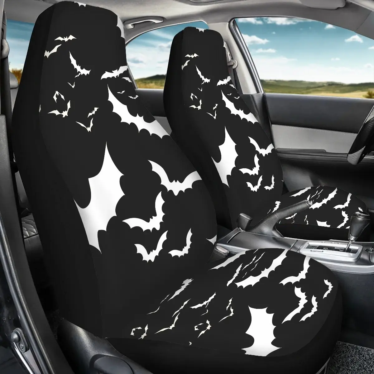 2 Front Car Seat Covers, Universal Fit, High Back, Digital Print Bat Pattern, Polyester Material, All Seasons Use, Automotive Seat Covers, Car Seats Covers