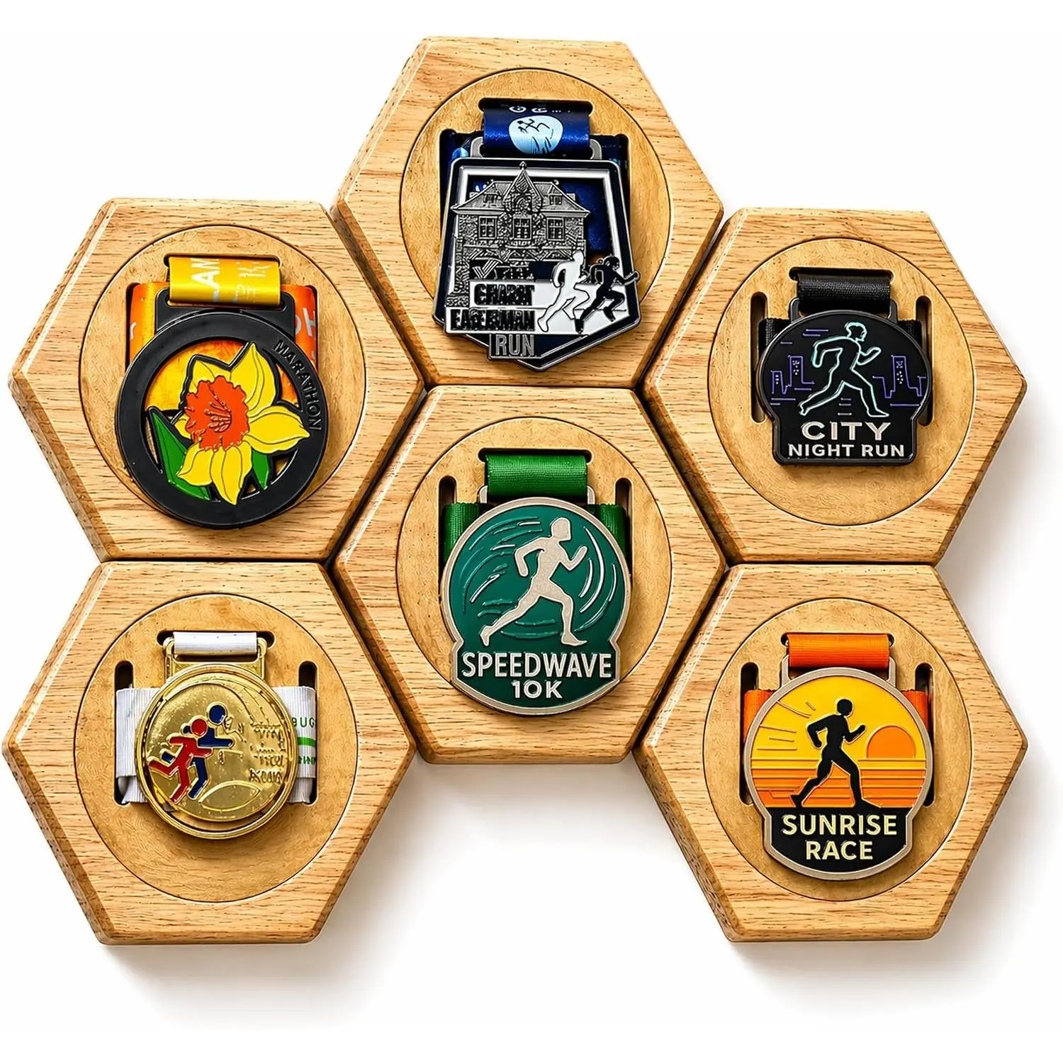 Honeycomb Bamboo Wooden Hex Wall Mounted Medal Display Holder for Running Marathon Gymnastics Sports Awards
