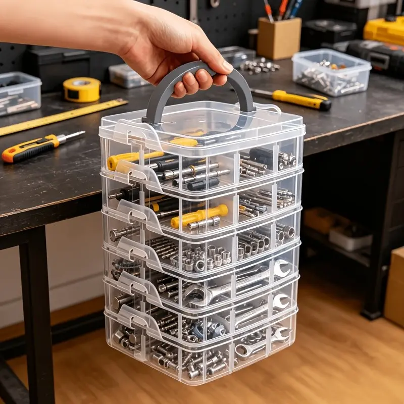 6-Layer Transparent Storage Box with Lid and Handle, Snap Closure Design, Tool Organizer, Screw Wrench Holder, Toy Sorter, Portable Divider, Tool Storage Organiser