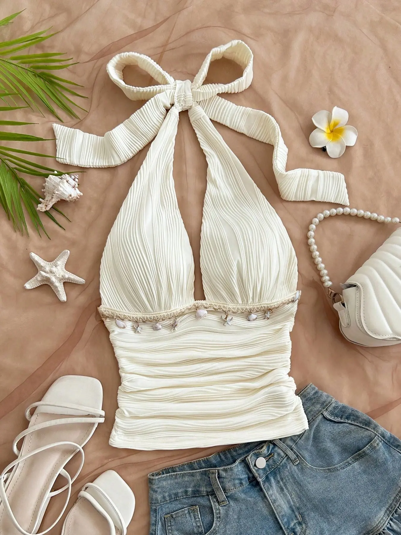 1 Piece Minimal Textured Halter Neck Back Tieable Big Bow Deep V Shell Fringe Lace Side Tucked Cropped Layering Tank