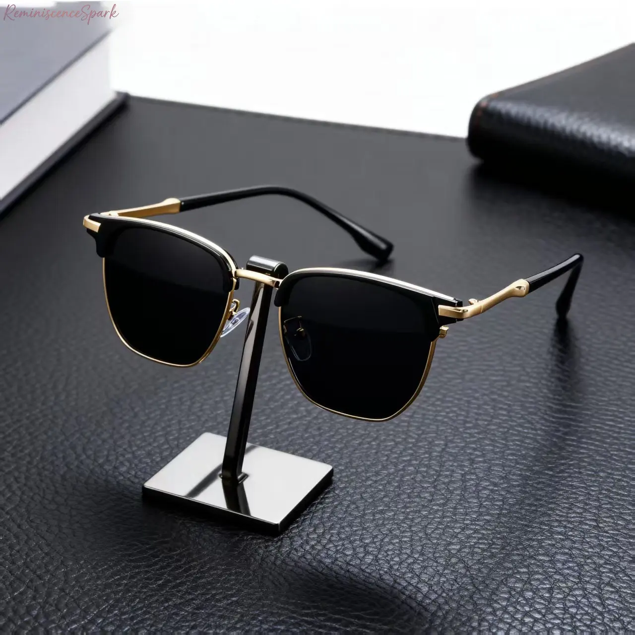 Men’s Unisex Vintage Semi-Rim Browline Rectangle Sunglasses - Black Gold Frame Gray Lens, UV400 UV Protection, Trendy Instagram-Style Sports Eyewear for Outdoor Driving, Casual Gifting Moments