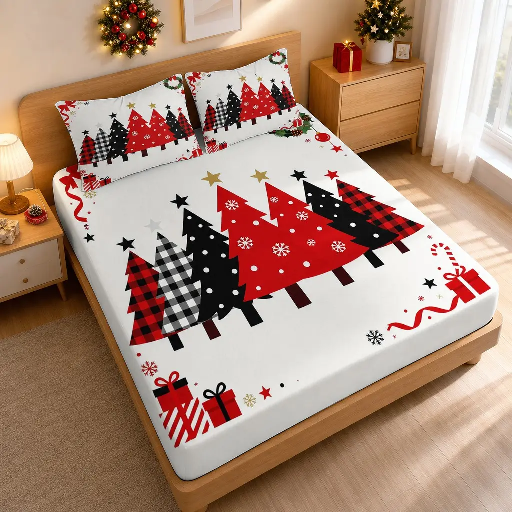 Christmas Tree Bed Sheet Set, Base Grid, Snowflake Gift Star, 25cm Deep Pocket Non-Slip Mattress Protector, Twin Pillowcases