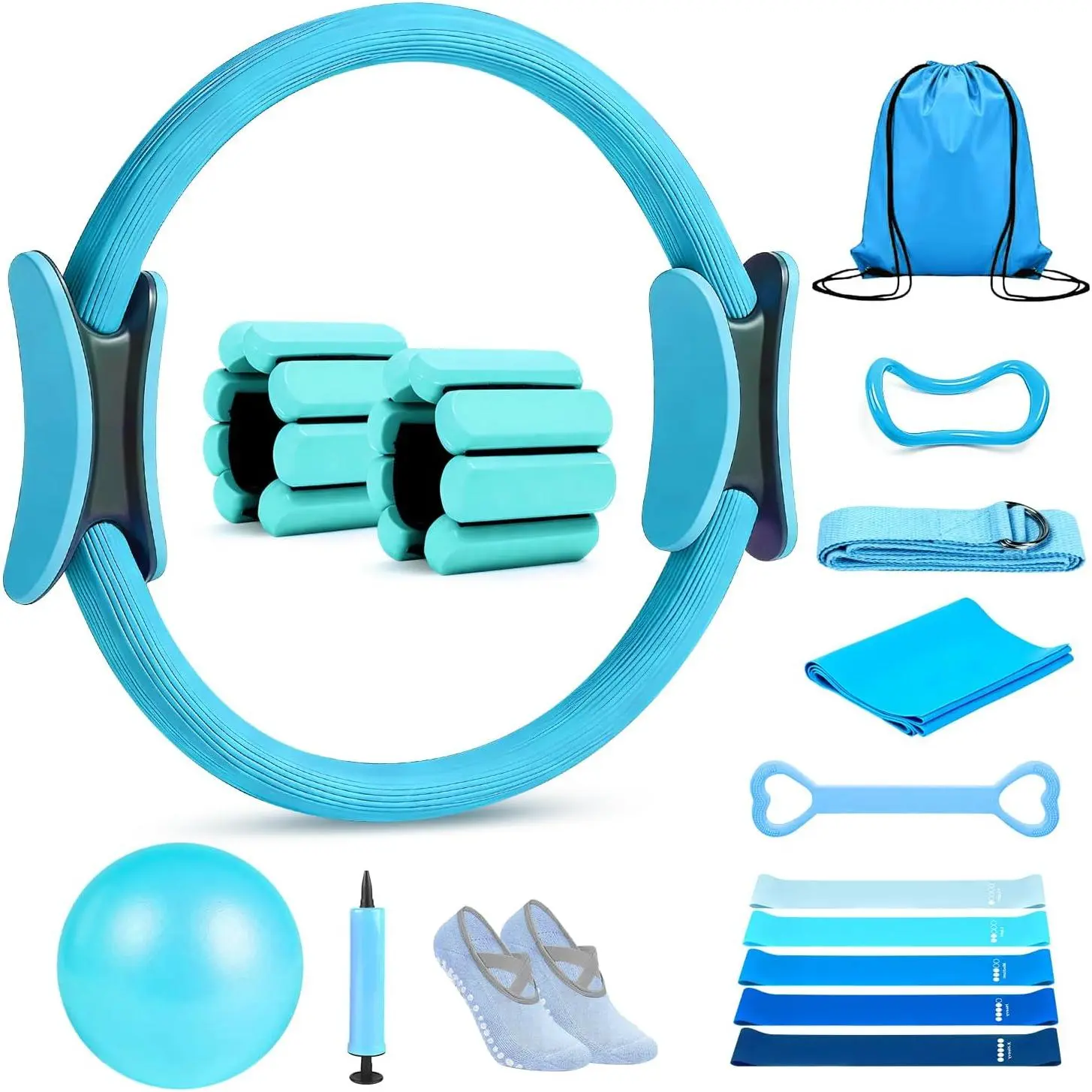 Pilates Ring Set 15 count,  Pilates Essentials Kit for Women, 12" Pilates Ring and 9" Ball Set, Pilates Kit with Ankle Weights 2LB, Resistance Bands, for Toning &  Me Gifts