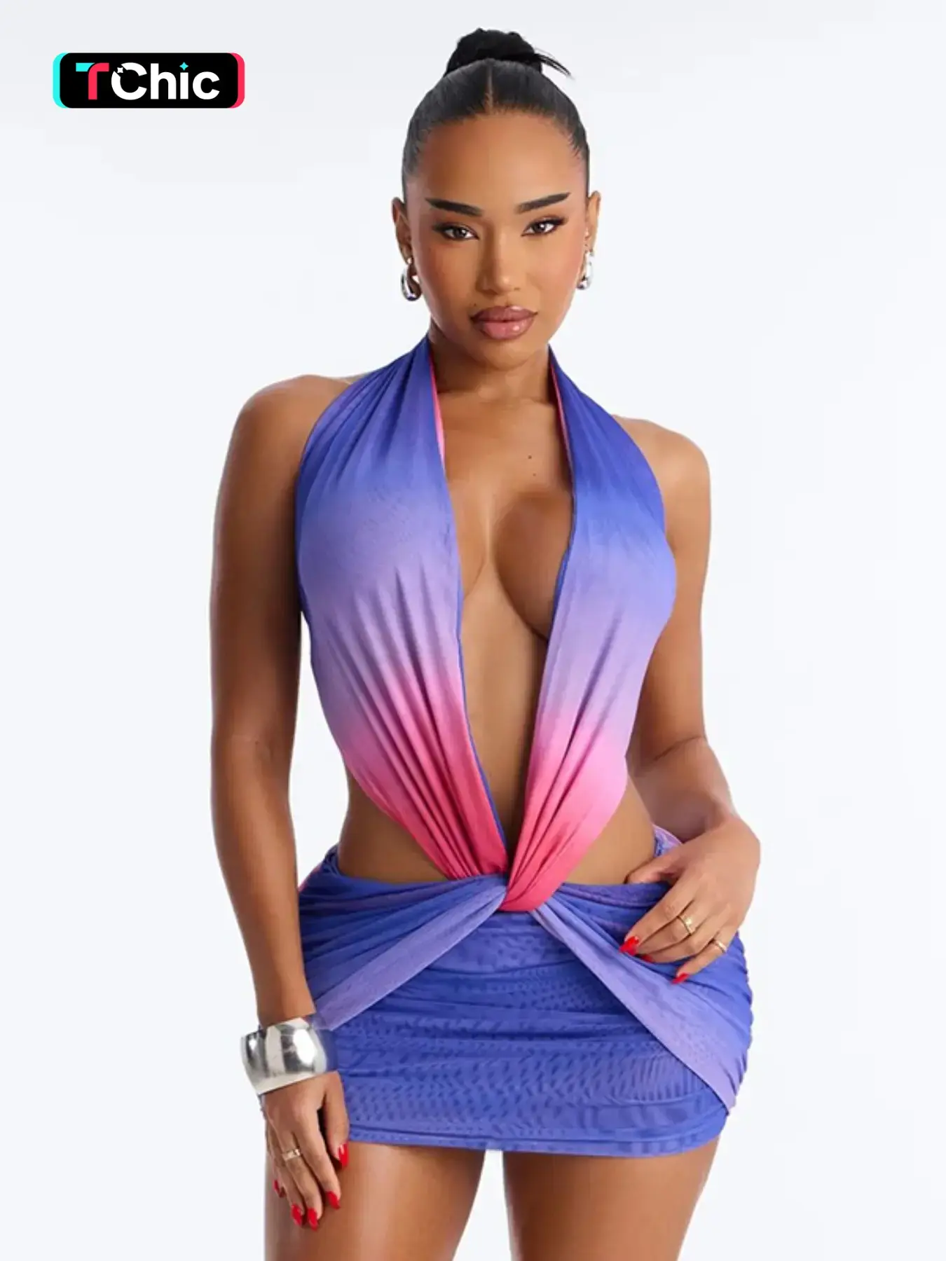 Women's Summer V-Neck Backless Cutout Dress, Gradient Print & Knot Pleated Design, Perfect for Beach, Vacation, Travel, Elegant Chic Style