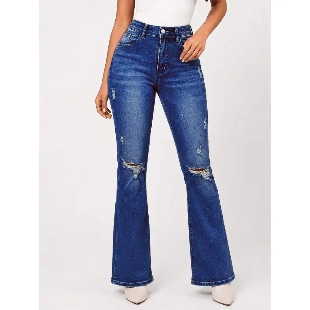 Women's Stretchy High-Rise Blue Denim Bottoms - Basic Full-Length Curve-Enhancing Leg-Lengthening Ripped Flare Jeans for Everyday Comfort (Sports & Outdoor Wear)