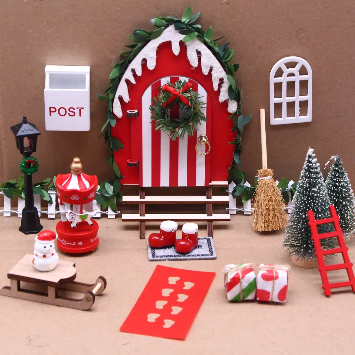 21Pcs Mini Christmas Donkey Cart Elf Set for Dollhouse Outdoor Decor Includes Gnome Elf Door Tree Lamp Carousel Accessories Non Electric Mixed Colors for Photography Holiday Scene Mini Christmas Village Durable Resin Christmas Easter New Year Gift