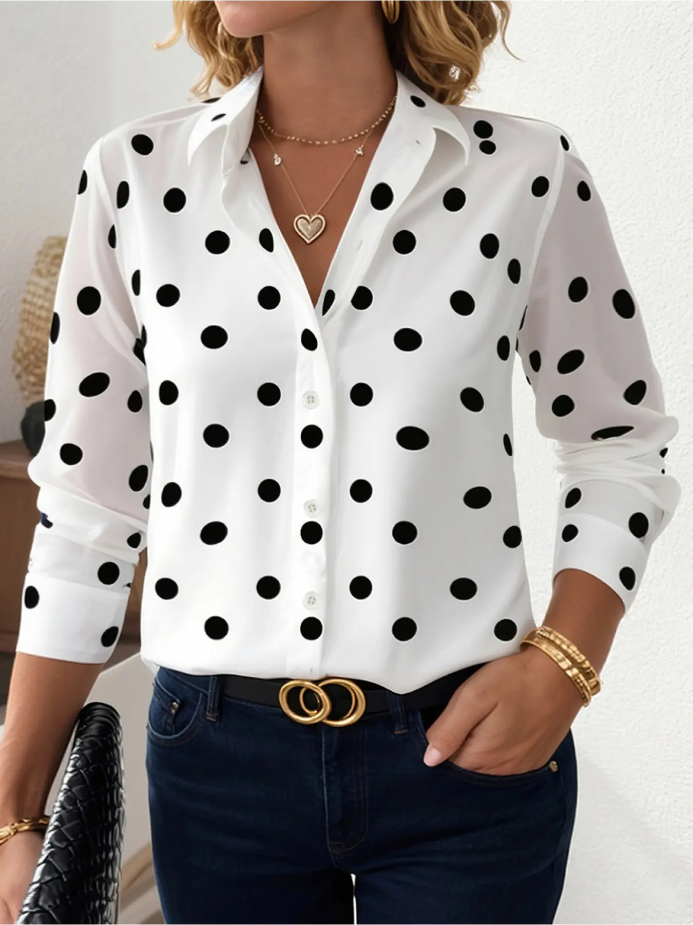 2026 New Women's Simple Elegant Large Dot Full Print Button Blouse, Intellectual Gentle Spring Autumn Daily Wear Female Clothing