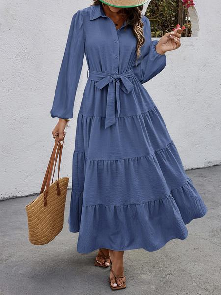 V Neck Pleated Belt Waist Tie Casual Long Sleeve Dress, Comfortable Resort Wear for Women, Stylish Summer Dress for Any Occasion