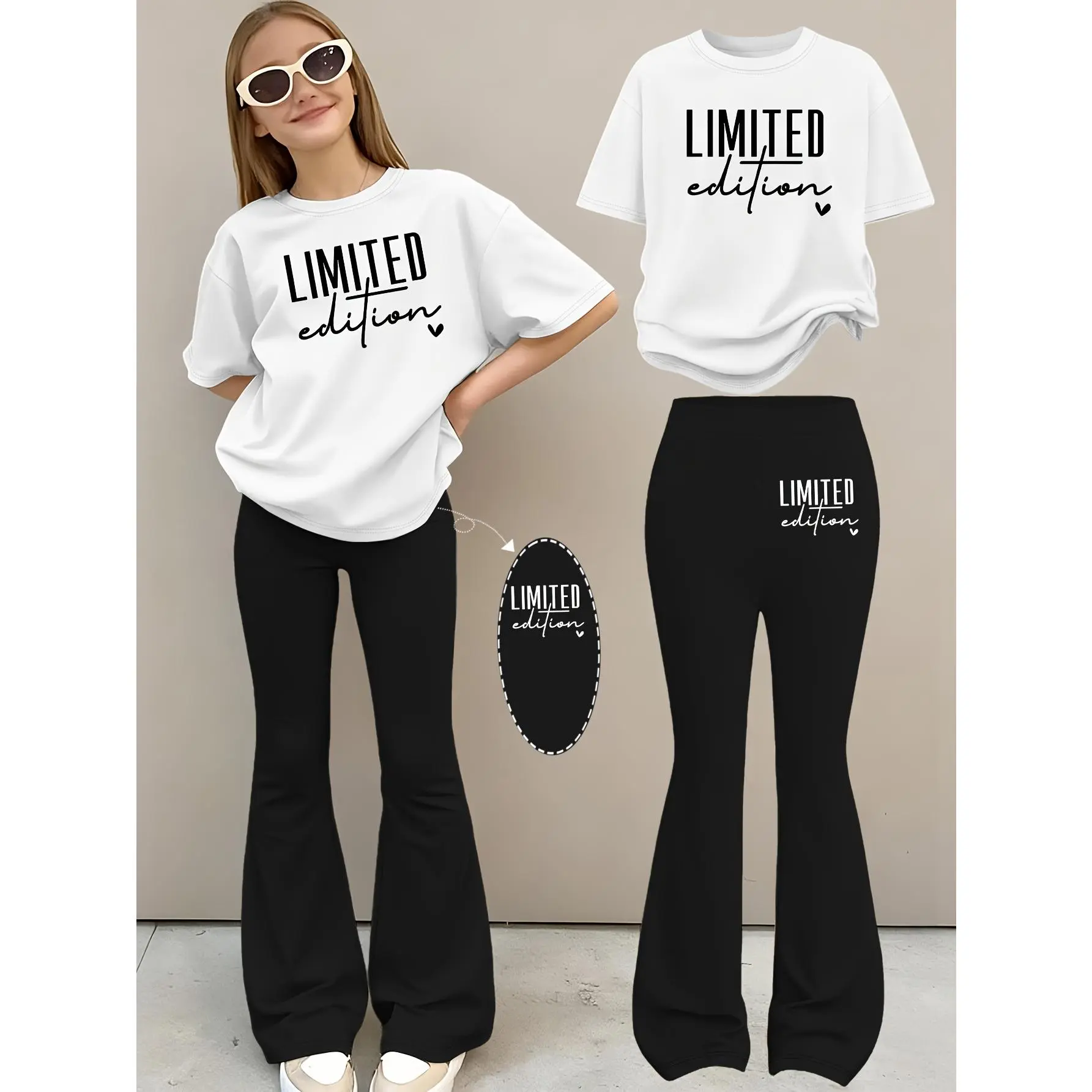 2pcs Girls' Summer Fashion Set: Printed Off-shoulder Short-sleeved Round-neck T-shirt + Elastic Flare Pants, Girls' Long Pants Set for Outdoor, Perfect for Outdoor