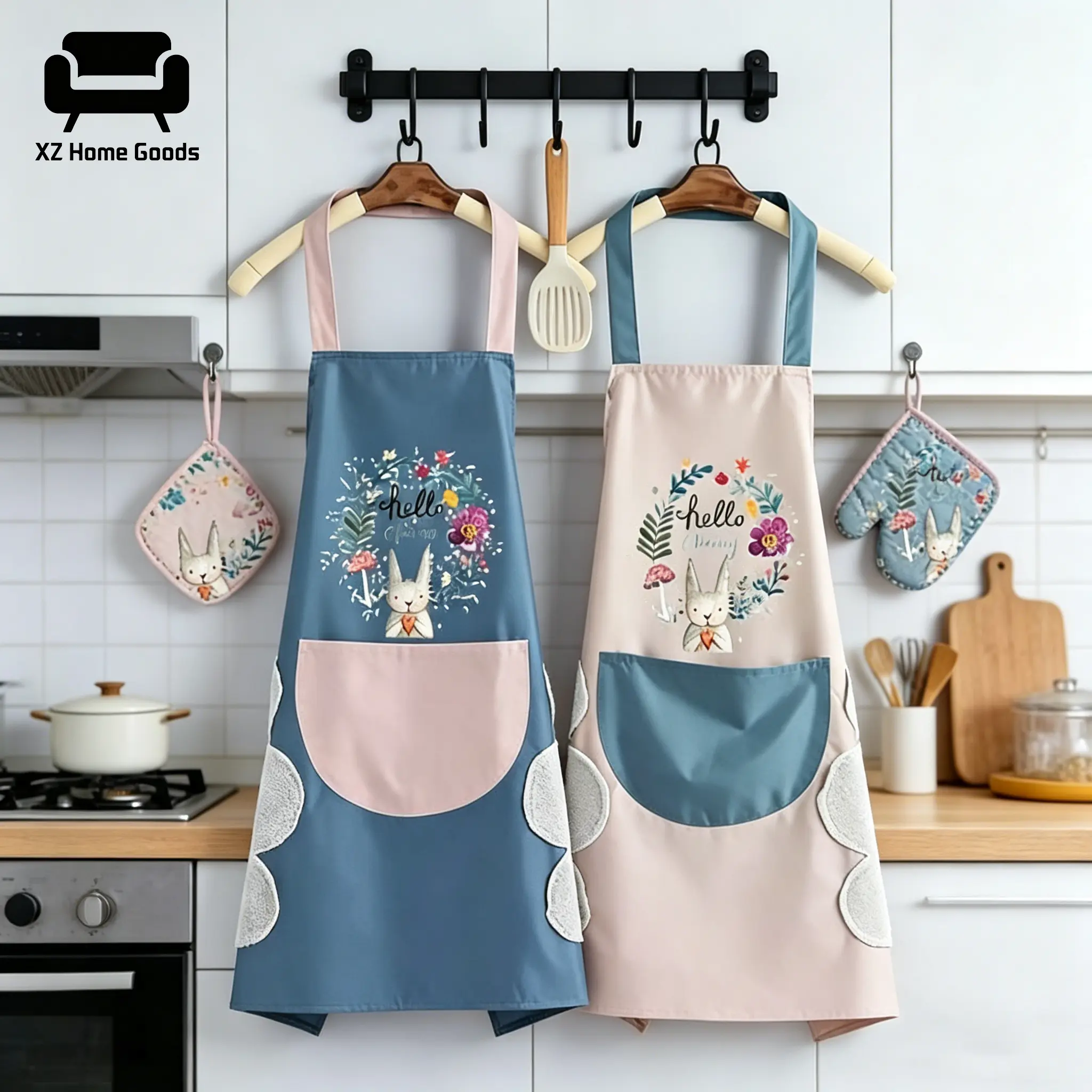 2pcs(upgraded version) Adult Waist Kitchen Hand Cleaning Apron, Oil-Resistant, Waterproof, Fashionable Coffee Monkeys Design, Unisex Home Care Apron