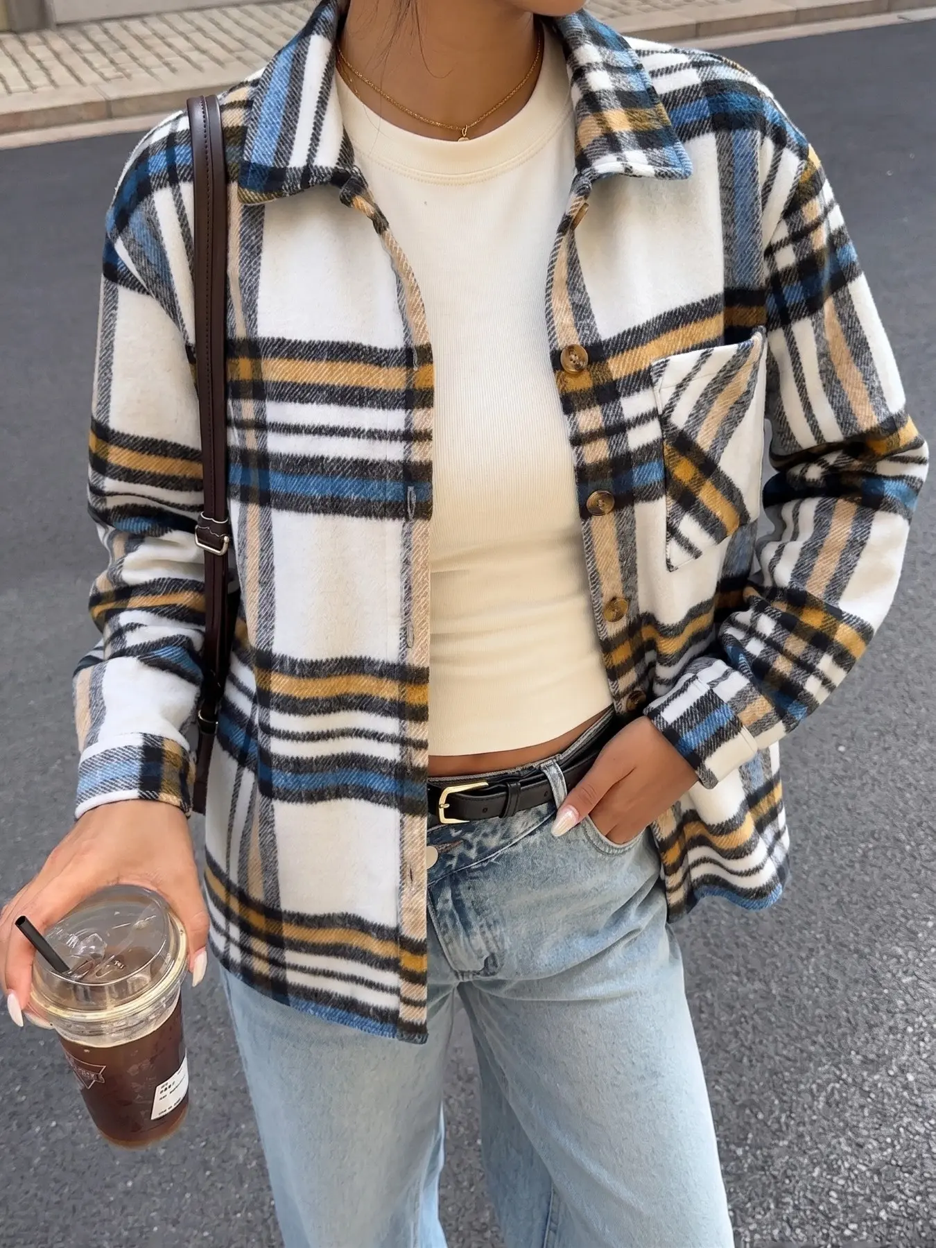 Women's White Blue Yellow Plaid Flannel Oversized Button Down Shirt, Vintage Casual Streetwear, Soft Loose Pocket Shacket Perfect For Everyday And Street Snap, Stylish Viral TikTok Must Have Fashion Essential
