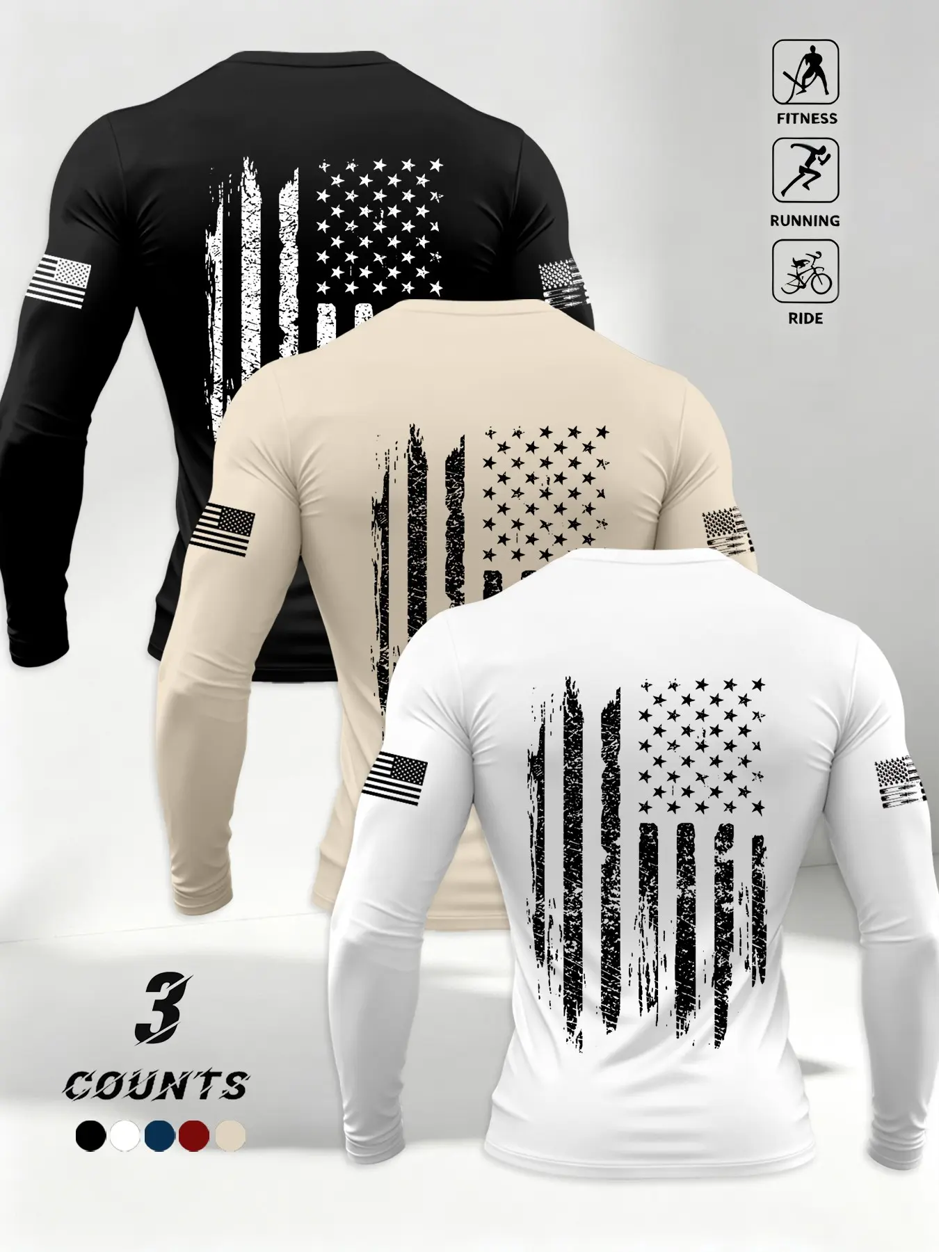 Men's Slim Fit Long Sleeve T-Shirt, American Vintage Star Flag Back Print, Elastic Comfort Fabric, Ideal for Fitness, Outdoor, Streetwear