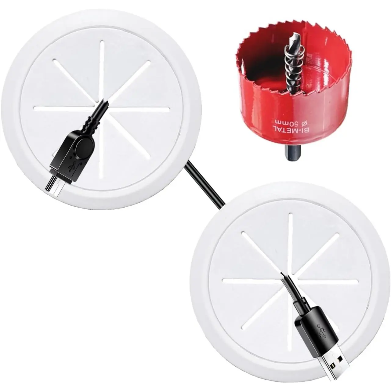 2 Pack TV Wire Hider for Wall, 1.97 Inch (50mm Hole) Cord Hider in Wall  Management Kit, Includes 2 Pass Throughs and 1 Hole  Drill Attachment Easy to Install