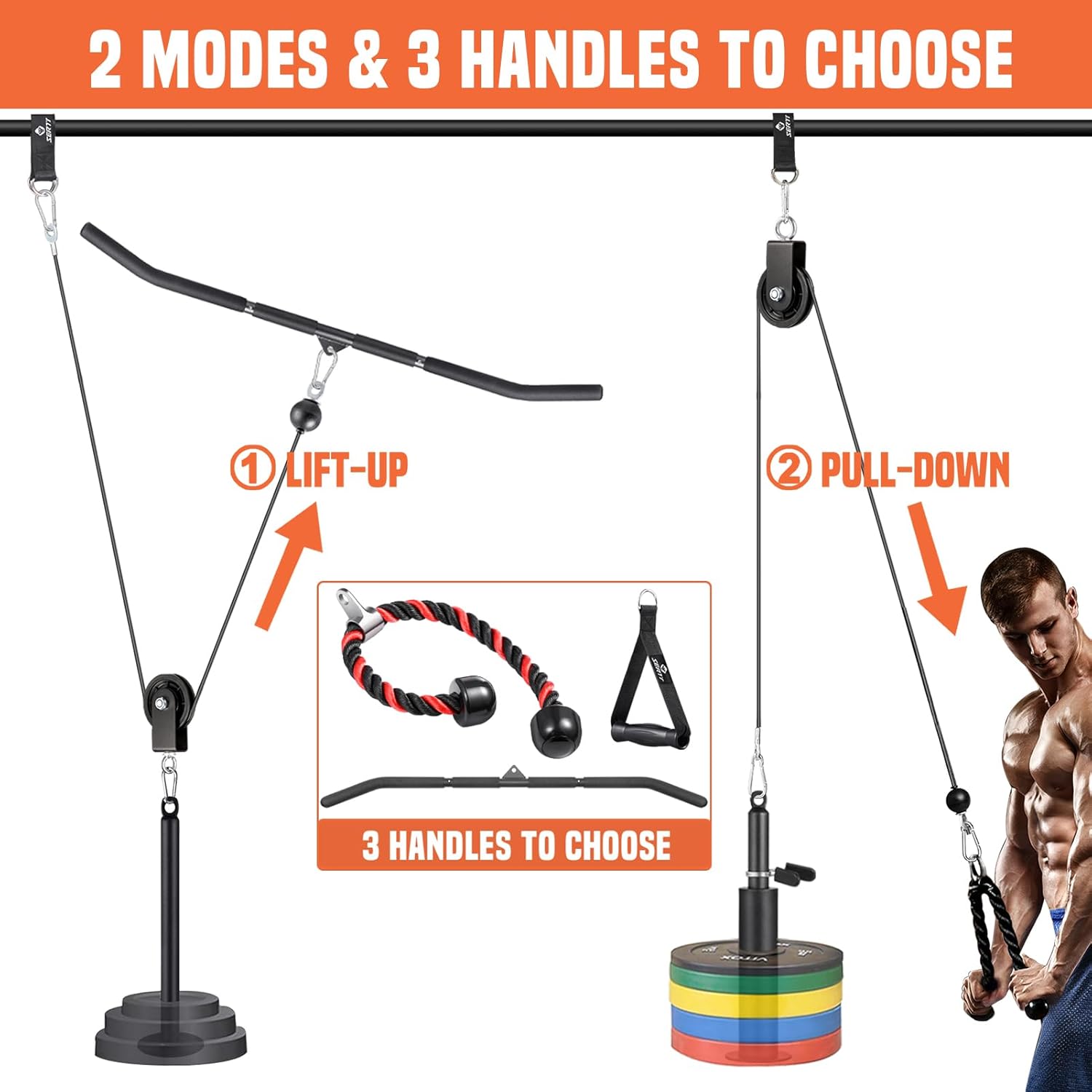 SUNDAY MIRTH Pulley System Gym, Power Rack Pulley Attachment with 2-in-1 LAT Pull Down Bar and Upgraded Loading Pin, for Triceps Pulldown, Biceps, ,