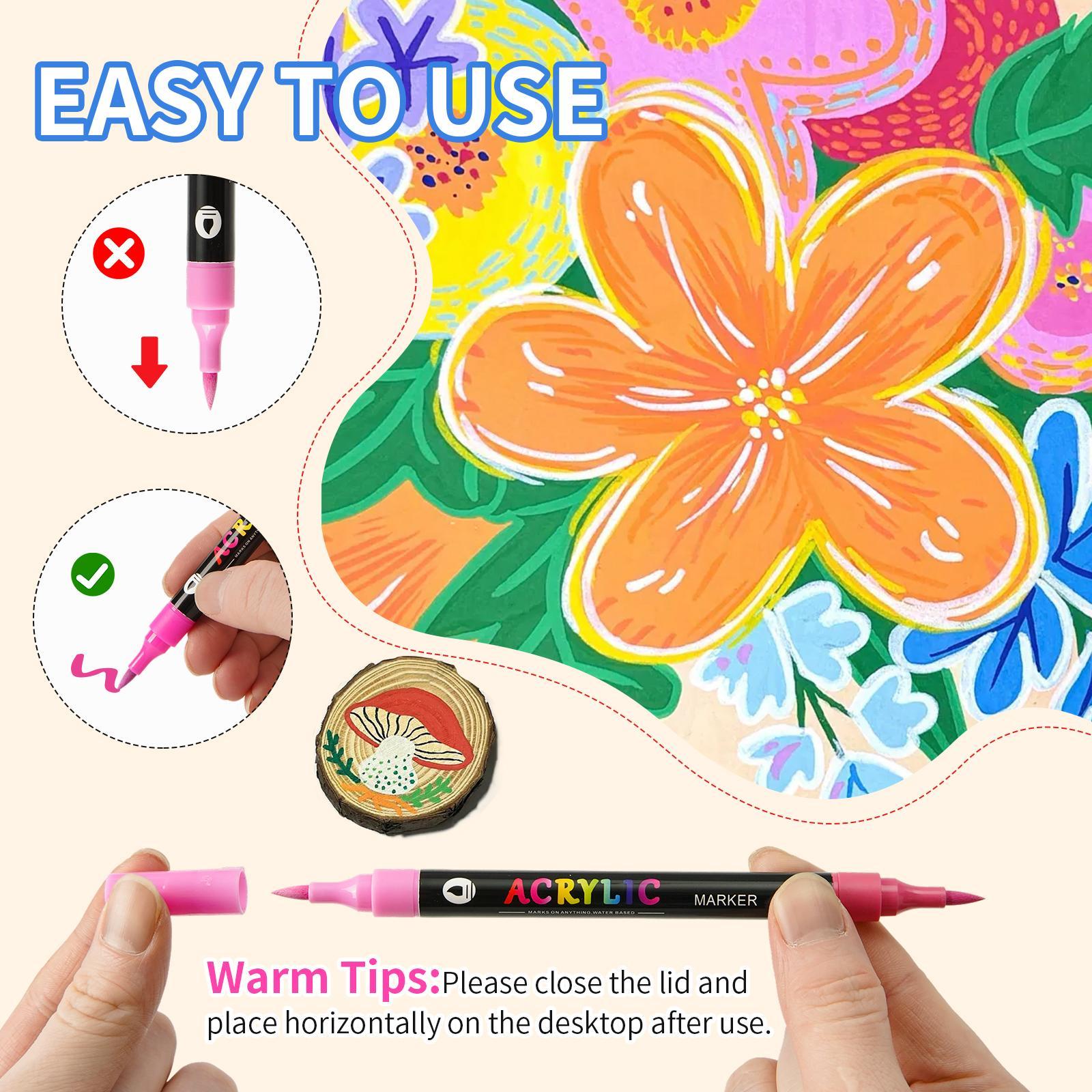 120 Color Acrylic Paint Markers Set, 60 Dual Tip Pens for Wood Canvas Stone Glass Ceramic Surfaces, DIY Crafts Art Supplies