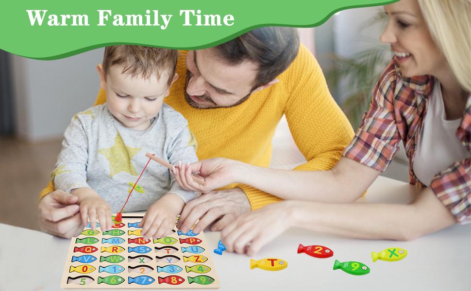 Magnetic Wooden Fishing Game Toy for Toddlers, Alphabet Fish Catching Counting Games Puzzle with Numbers and Letters, Preschool Learning ABC Math Educational Toys 3 4 5 Years Old Girl Boy Kids