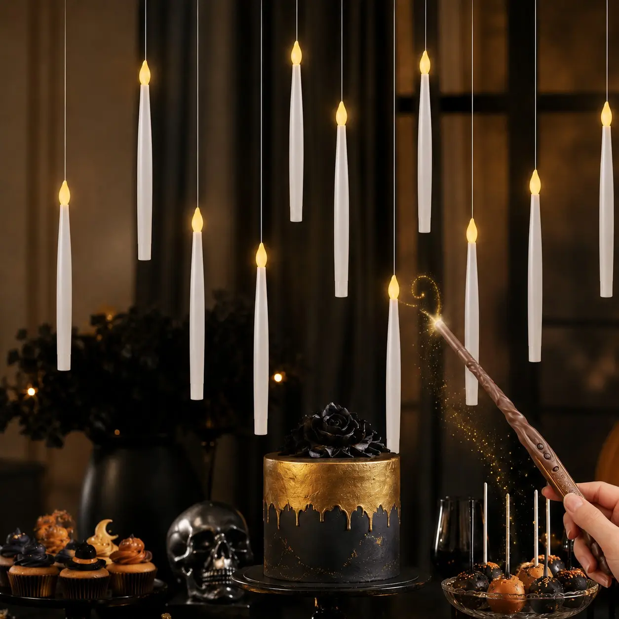 12pcs Floating Candles with Magic Wand Remote, Flameless LED Candles, Battery Operated, Halloween Party Decor, Batteries Not Included